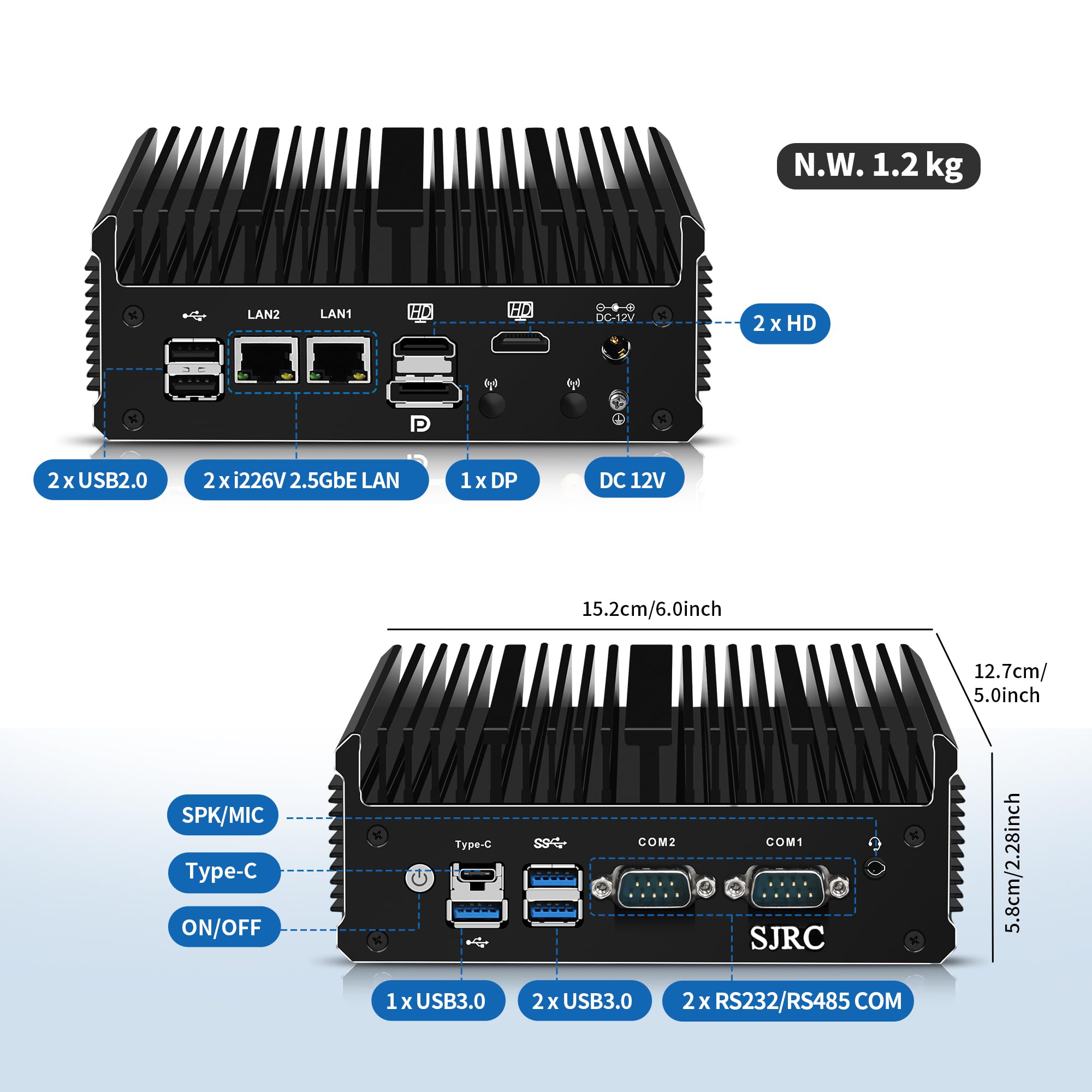 SJRC Lüfterlos Industrial Mini PC N100 | 2 x RS232/RS485 COM, Dual 2.5GbE I226-V LAN, 2 x HD & DP | Embedded Mini Computer, DDR4 8GB RAM 256GB M.2 SSD, Type-C, Mini-PCIe, SIM