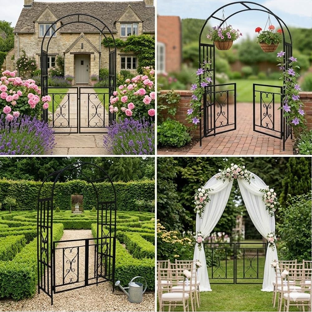 Gartenbogen Aus Metall Mit Tür, Rosenbogen Torbogen Rankhilfe Für Kletterpflanzen, 115x210x52cm Wetterfester Rankgitter Gartenlaube Für Garten Rasen Terrasse Dekor