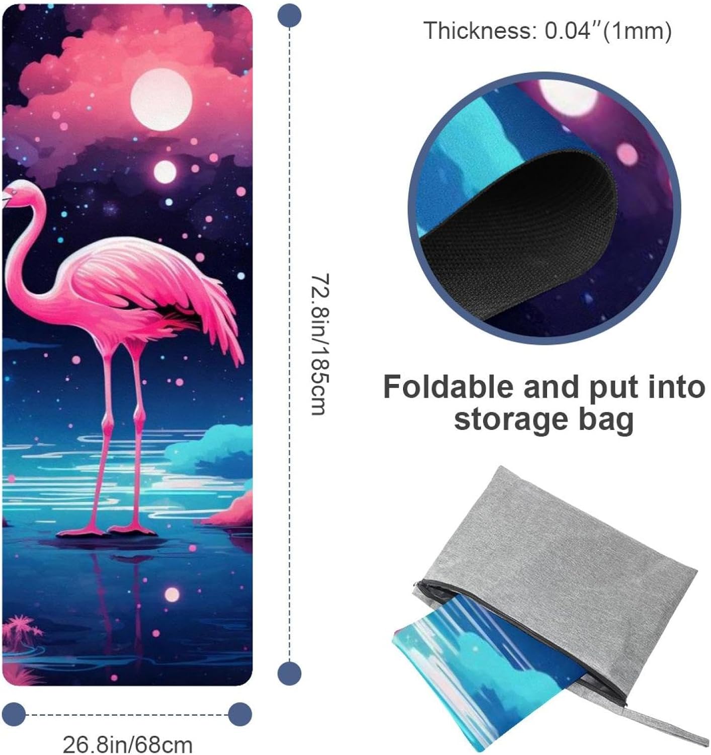 Yoga Towel, Galaxy Flamingo Pattern Non Slip Sweat Absorbent Hot Yoga Mat Towel for Hot Yoga, Pilates and Fitness - 72.8" x 26.8"
