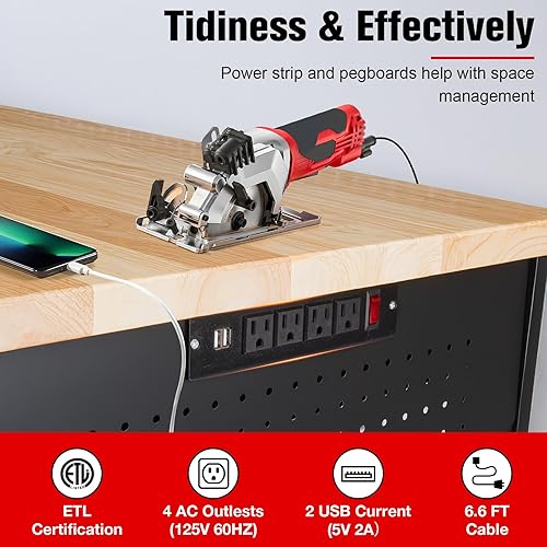 Miniatura 3 de Banco de trabajo de 48 pulgadas con cajones, bancos de trabajo para garaje con tira de luz, mesa de trabajo ajustable con tablero de clavijas