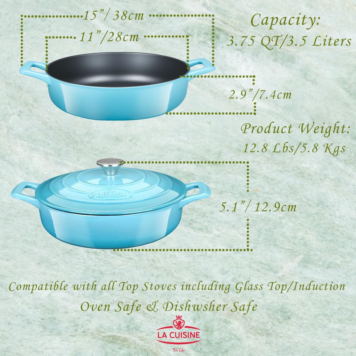 La Cuisine Enameled Cast Iron Braiser Sauté Pan Shallow Dutch Oven with Lid Internal Matt Black Enamel Coating 3.75 QT 11" / 28cm Ø, Oven-Safe 550°F/276°C, For GlassTop, Teal image 4