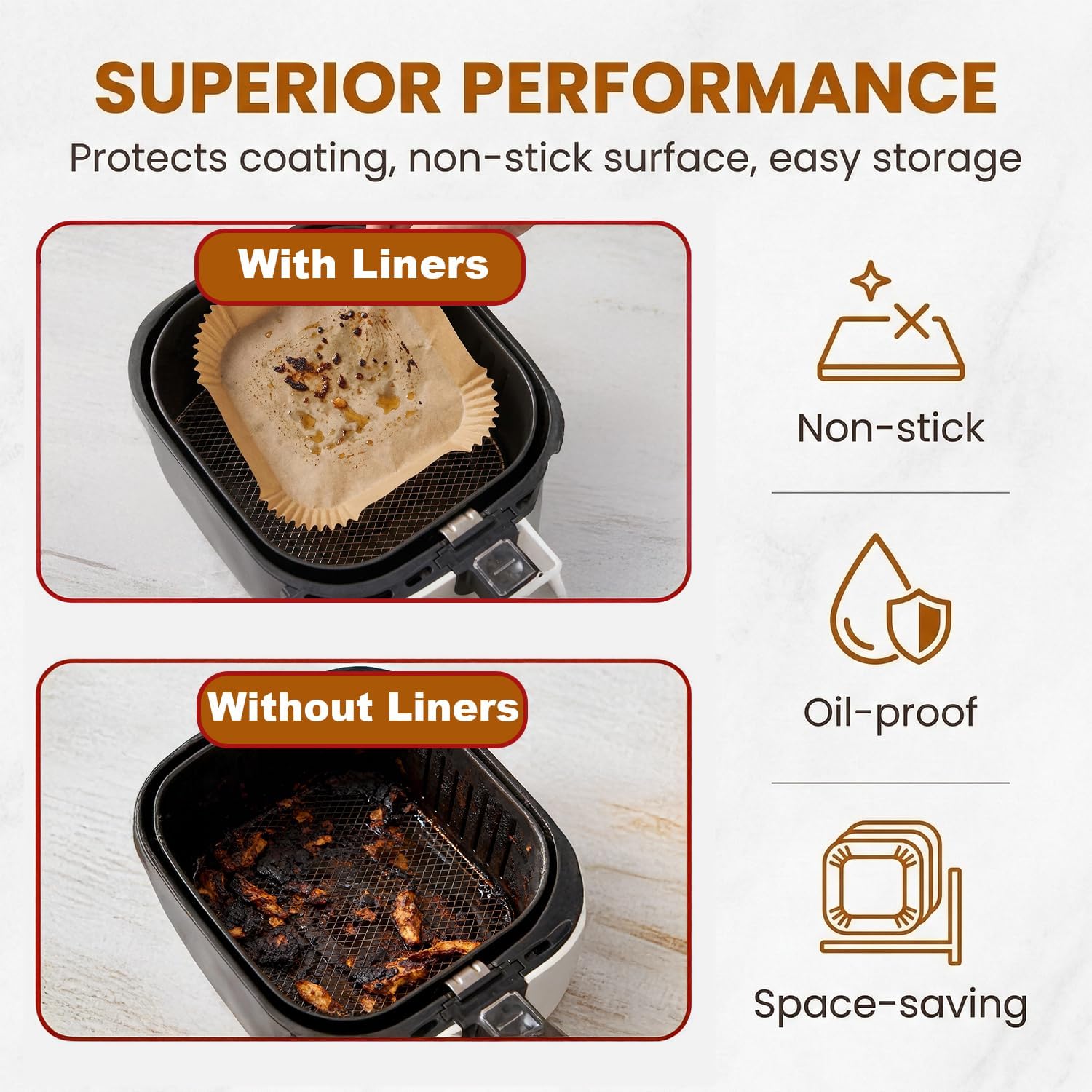 Air Fryer Paper Liners 150 PCS for 5-8 QT Basket, Non-Stick Disposable Parchment Liners for Mess-Free Cooking & Easy Cleanup, 8 Inch Square Oil-Proof Baking Paper for Home Kitchen