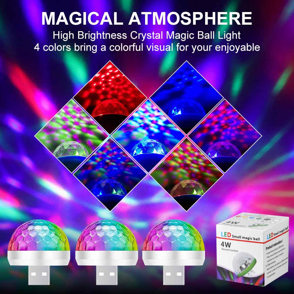 URAQT USB Lights Disco, Mini Disco Ball Lights, 4 kolorowe samochodowe lampki nastrojowe LED, Przenośne Mini Disco Lights RGB z 3 adapterami, Nadaje się na imprezę, klub, urodziny, karaoke (Biały)