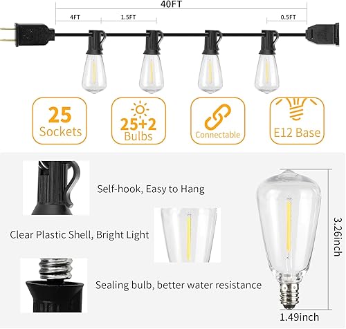 Miniatura 5 de Guirnalda de luces LED para exteriores de 40 pies, impermeables, G40, luces LED para exteriores para patio con 27 bombillas Edison vintage
