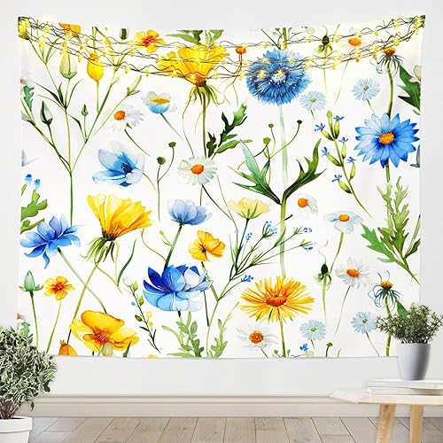 Tapices florales de acuarela azul y amarillo, tapiz de flores pastorales para colgar en la pared, arte para dormitorio, estético, divertido, tapices