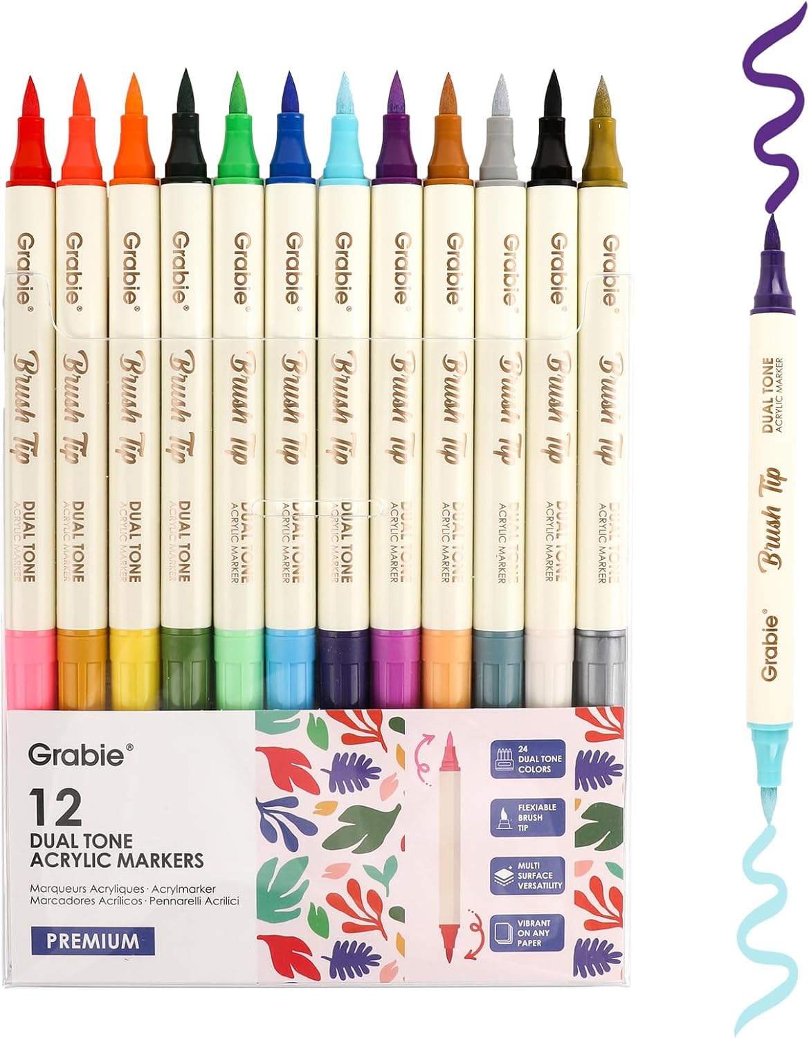 Grabie 24 Colors Acrylic Paint Markers, 12 Pack Dual Tip Soft Brush Acrylic Mark…