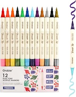 Grabie 24 Color Acrylic Paint Markers, Pack of 12 Dual Tip Brush Pens