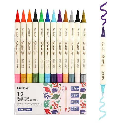 Grabie 24 Colors Acrylic Paint Markers, 12 Pack Dual Tip Soft Brush Acrylic Markers, Water-Based Paint Pens for Paper, Rock Painting, Wood, Glass, Canvas, DIY Craft Art Supplies for Adult & Kids