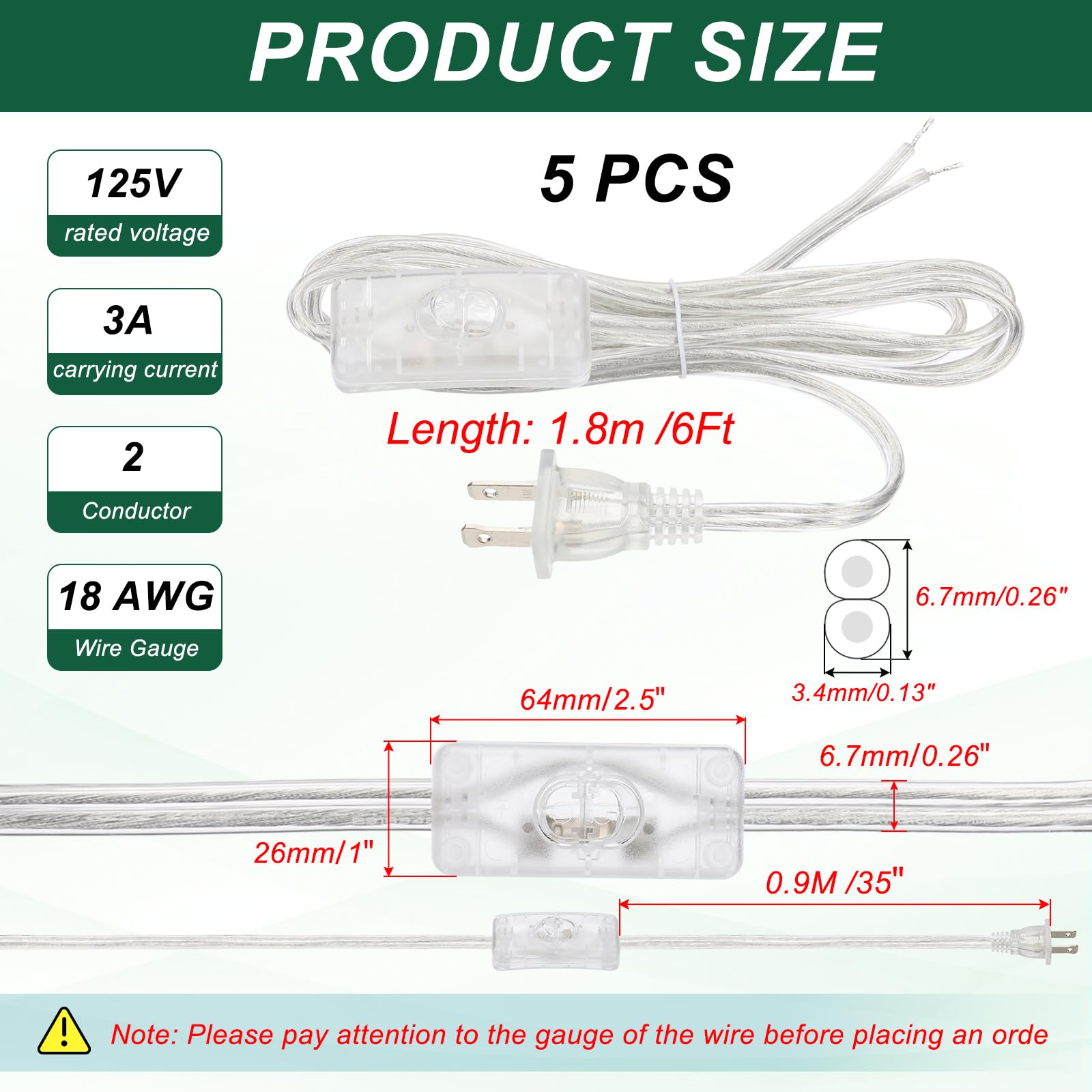 PATIKIL Cavo per lampada da 1,8 m con spina, 5 set SPT-2 UL, cavo di alimentazione con estremità spogliate, pronto per il cablaggio della lampada con connettori per la sostituzione della luce fai da
