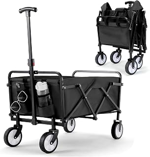 LIFERUN Carro Plegable, Carro de Jardín con Mango Ajustable, Bolsillos Laterales, Ruedas Todo Terreno, Capacidad de 60 kg, Carrito de Playa para Exteriores, Camping, Playa, Picnic, Compras