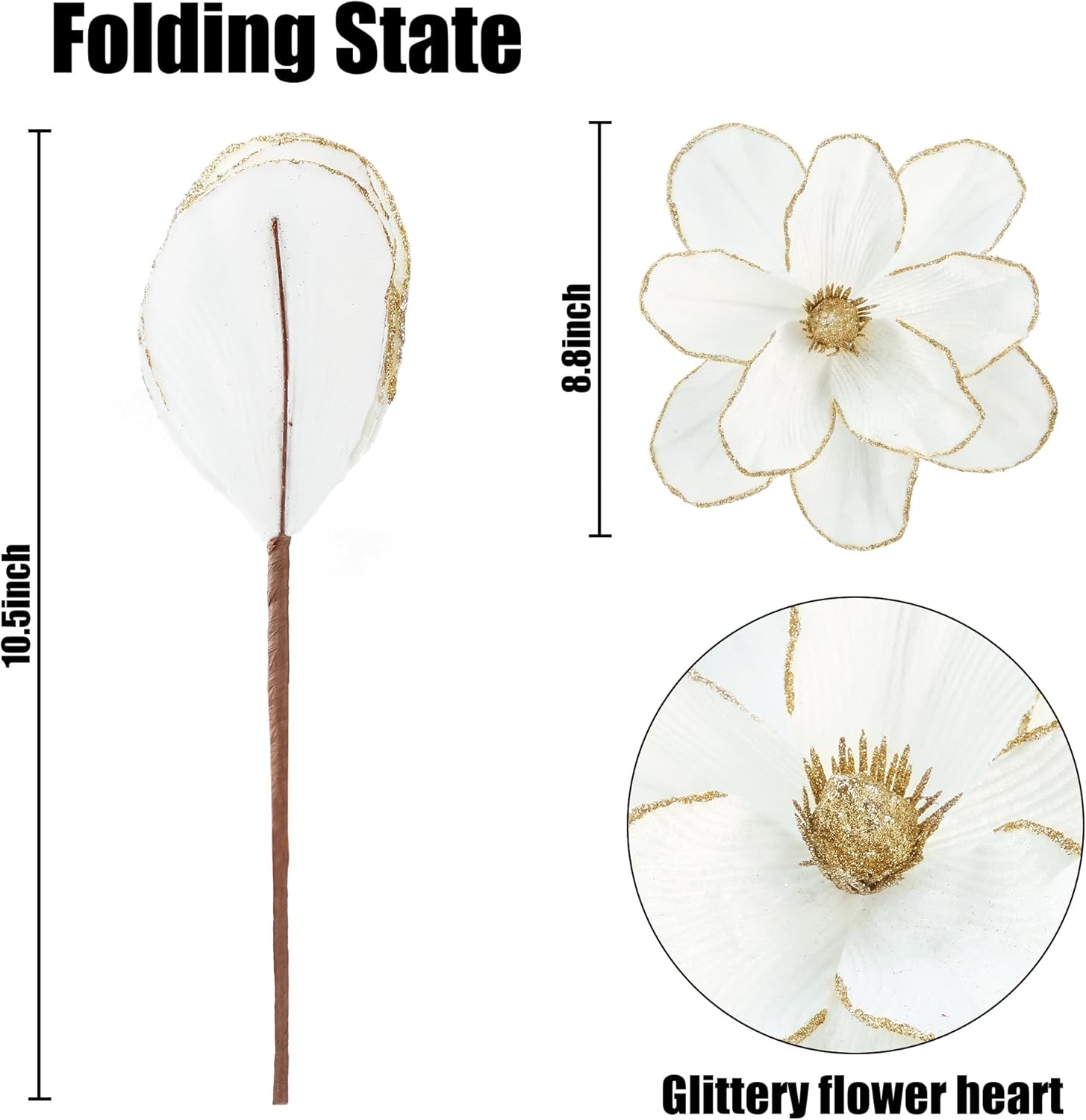 Sggvecsy 10Pcs Christmas Glitter Flowers Velvet Magnolia Flower Christmas Tree Ornaments Artificial Poinsettia Floral Picks for Xmas Wedding DIY Crafts Wreath Party Floral Decorations(White)