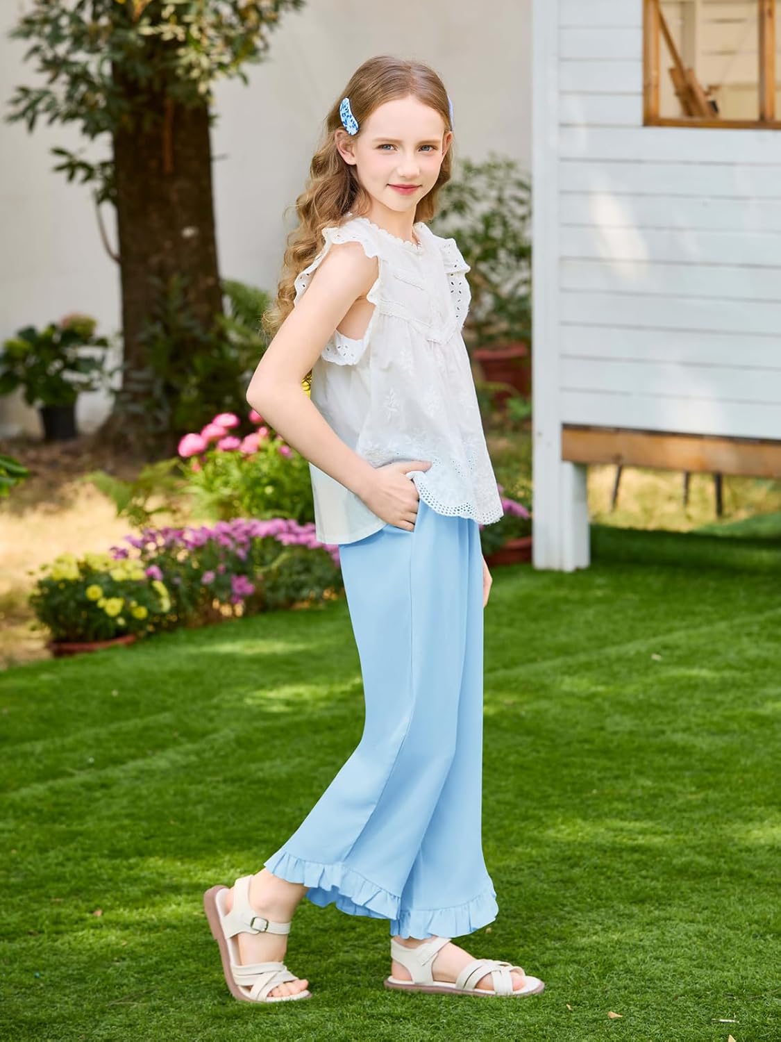 Haloumoning Girls Wide Leg Pants Kids Casual Paperbag High Waisted Ruffle Hem Pants Trousers with Pockets 5-14 Years - Image 3