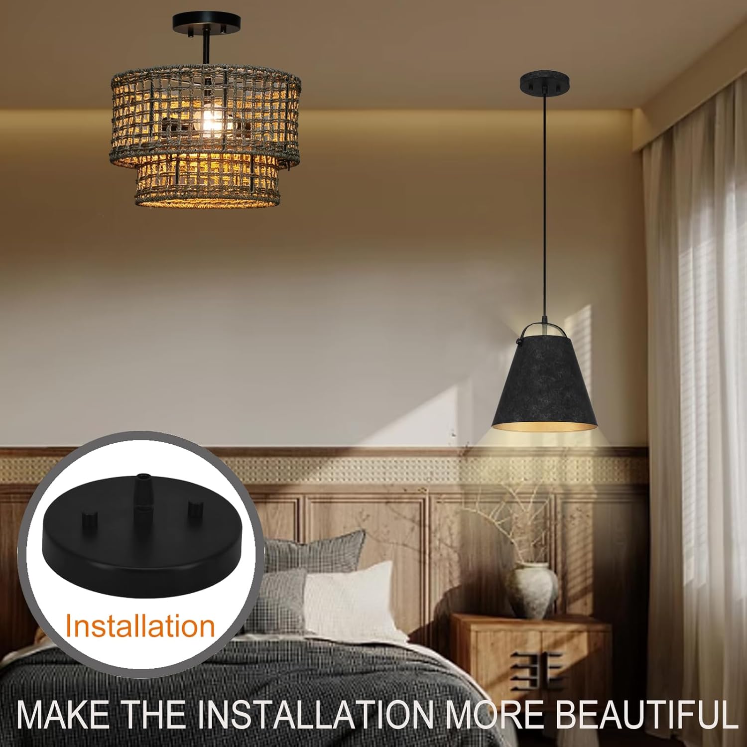 2 Pack 5 1/8 Inches Canopy Kit for Ceiling Light,Single Pendant Light Plate Cover with All Mounting Hardware, Light Canopy Kit for Easy Installation (Black)