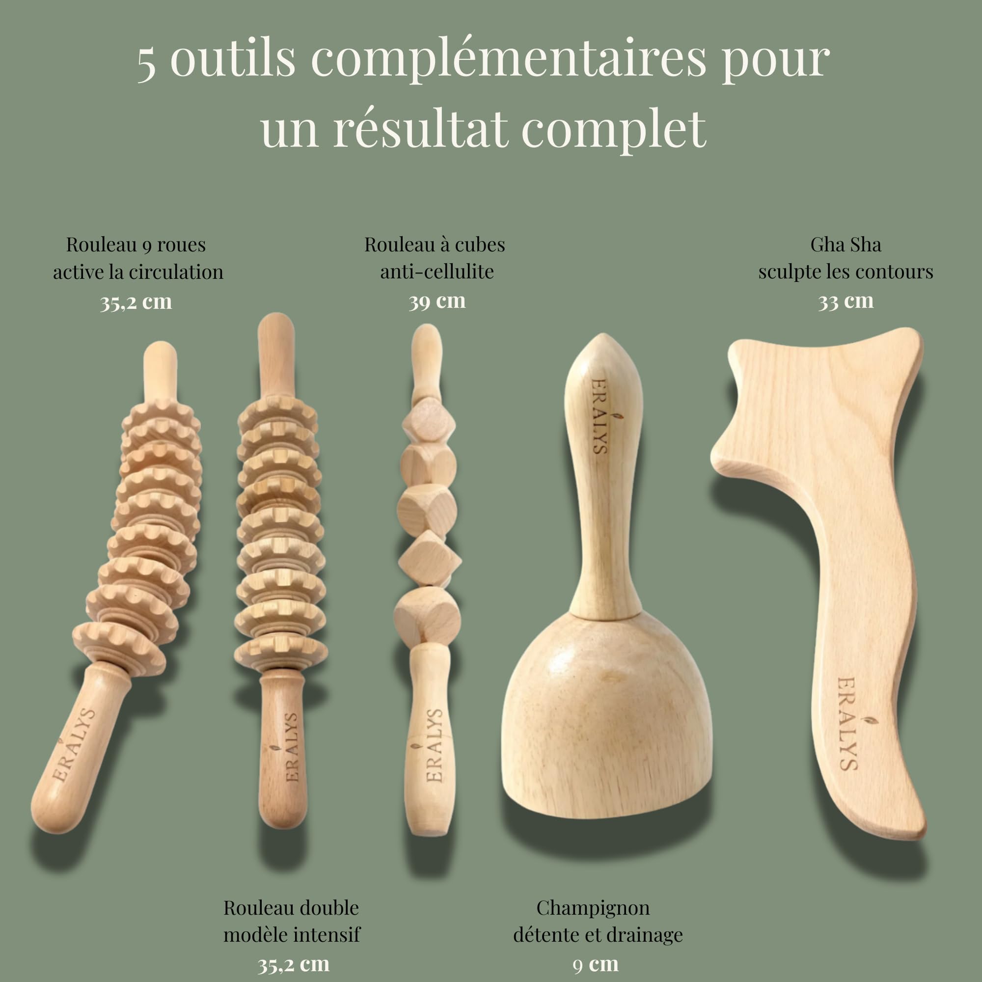 ERÁLYS Kit de Maderothérapie en Bois – 5 Outils Massage Anti-Cellulite | Drainage Lymphatique & Raffermissant | Remodelage du Corps & Jambes – Massage Maison Naturel