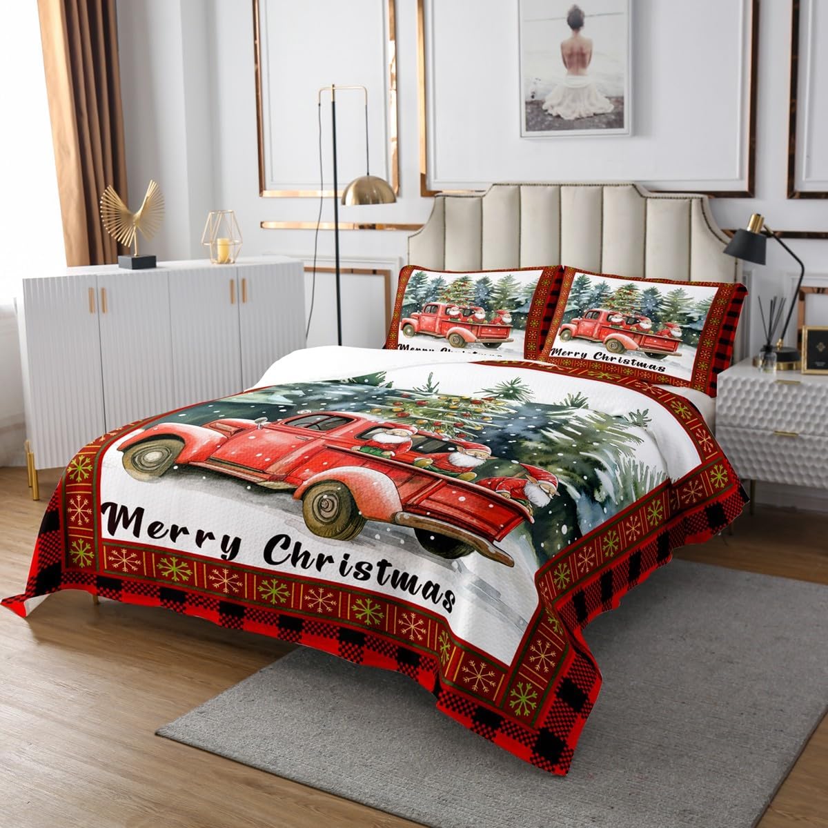 Homewish Merry Christmas Bedspread King Size,Retro Red Truck Christmas Tree Quilt for Kids Boys Girls Room Decor,Gnome Snowflake Xmas Bedding Set 3Pcs,Black Red Plaid Coverlet Set,2 Pillowcases