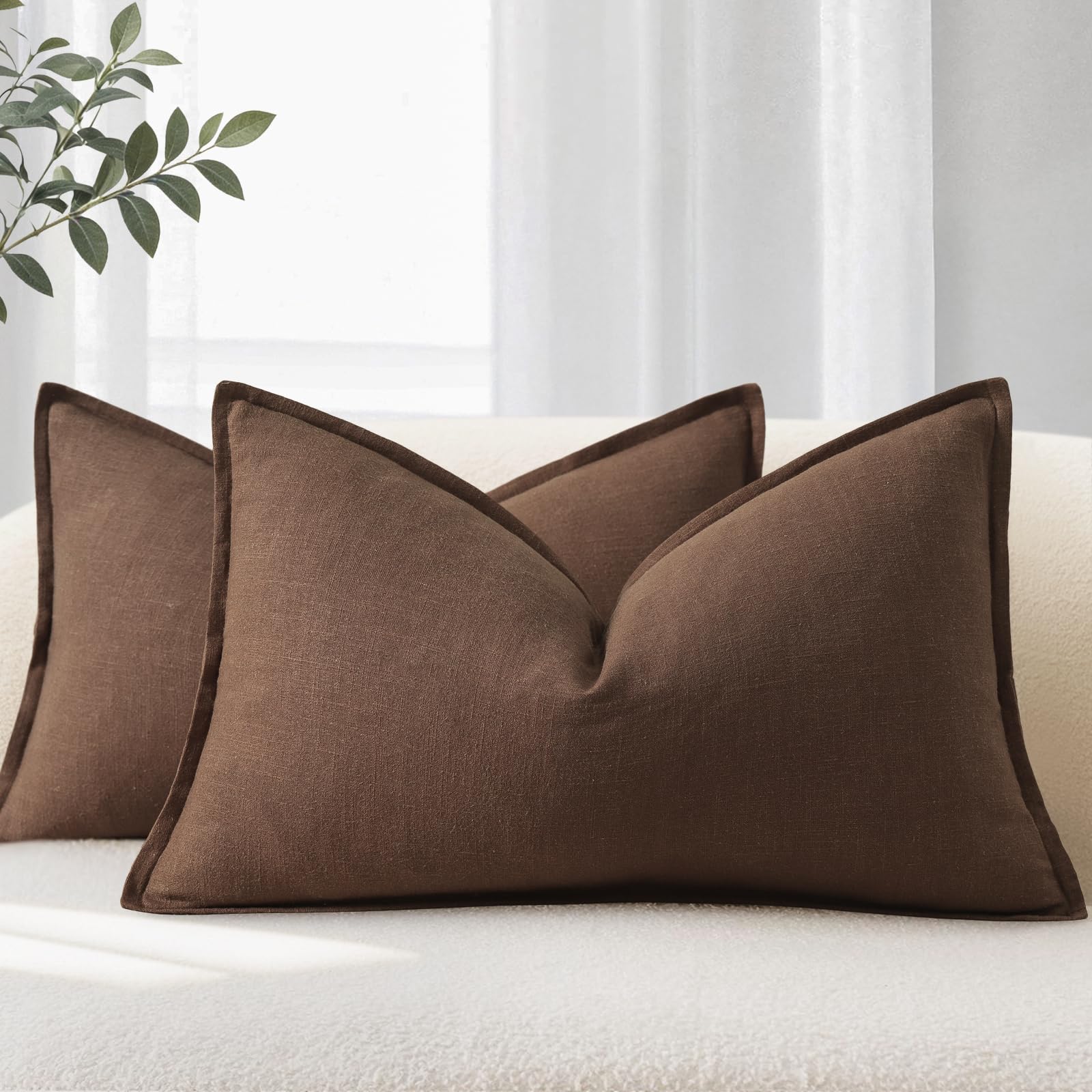 YCOLL Cushion Covers 30x50 cm Set of 2 – Soft Natural Linen Cushions with Trim, Solid Colour Decorative Cushion Cover for Sofa, Couch, Bed and Living Room, Brown — image 1