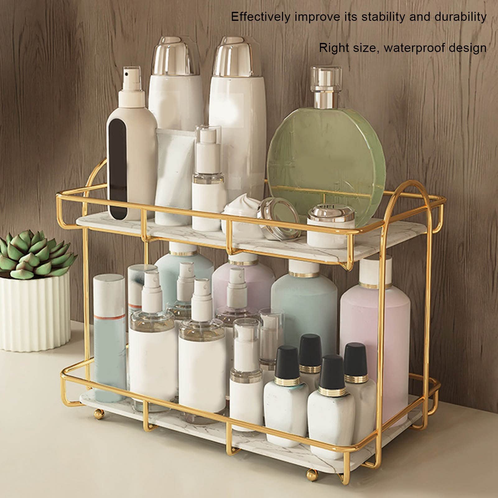 Bathroom Under Sink Organizers, Gold Iron Art 2 Tier Multi Purpose Countertop Organizer for Lotion Makeup Cosmetics Perfume, with Self Adhesive Tape (L(330 X 184mm / 12.99 X 7.24in))