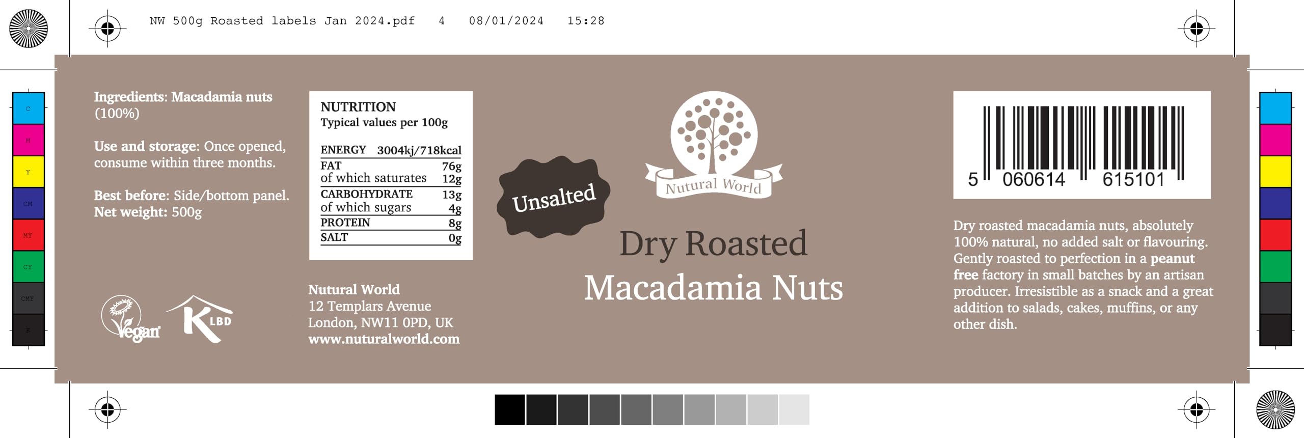 Nutural World - Trocken geröstete Macadamianüsse - ungesalzen (500g) - Vegan -