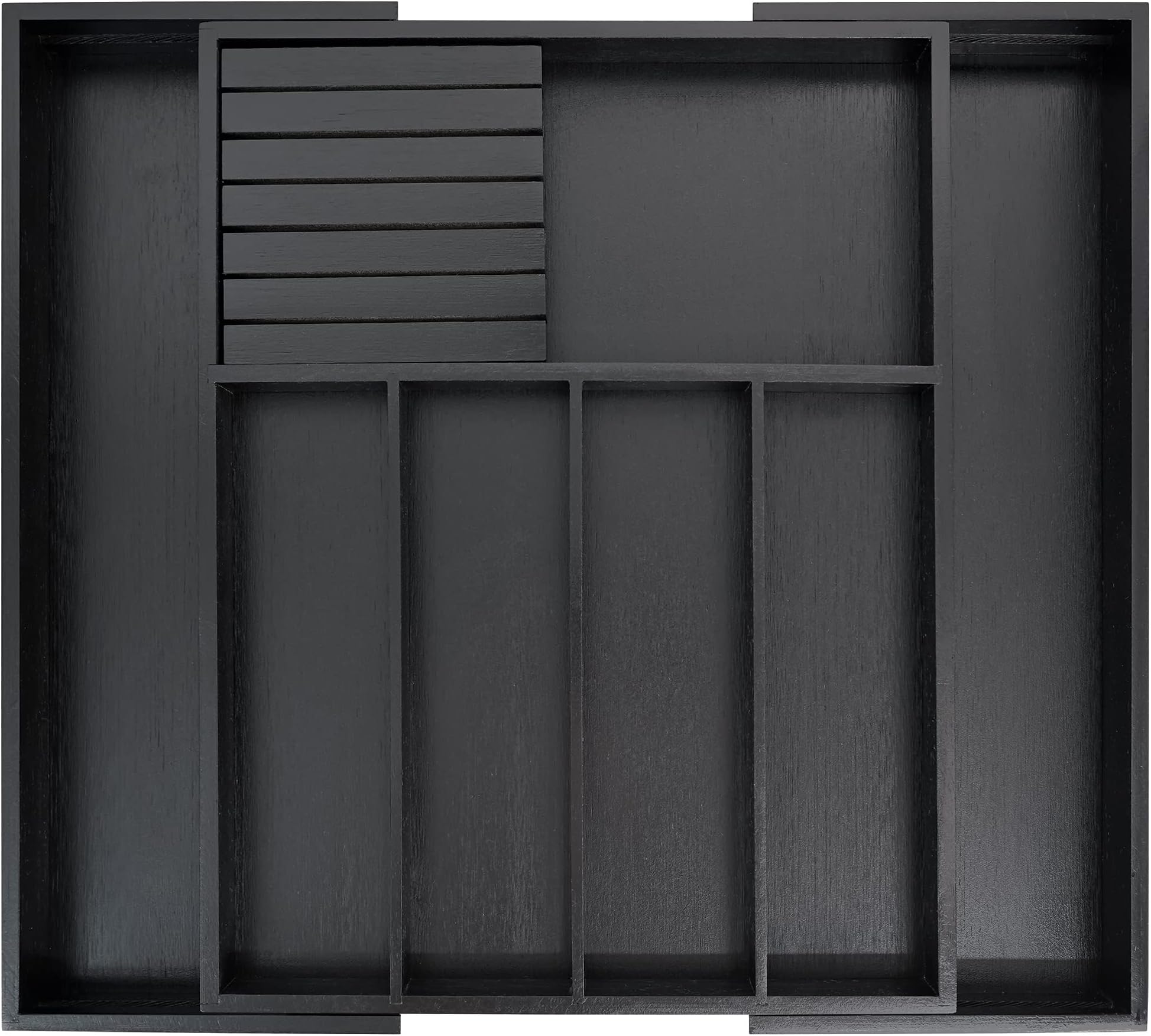 VaeFae Bamboo Silverware Drawer Organizer Kitchen, Expandable Utensil Organizer with Knife Block, Cutlery Tray with Divider, Multifunctional Drawer Organizer (Black)