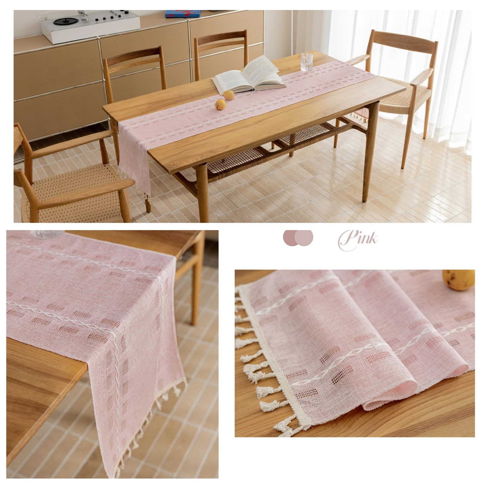Tischläufer Hochzeit Polybaumwolle, Tischläufer Wohnzimmer 33x240 cm, Dünner Rosa Leinenoptik mit Quasten