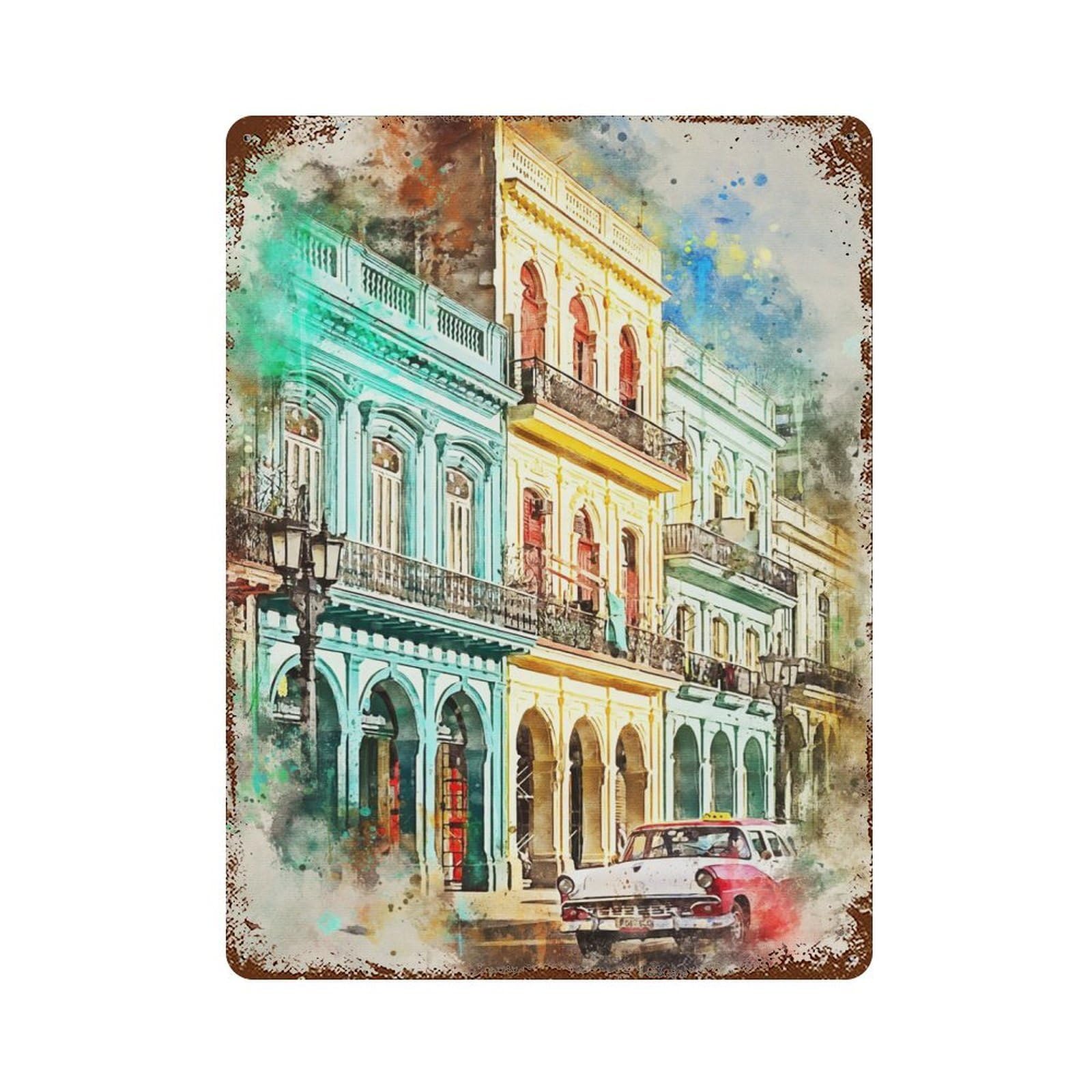 Cuba in Watercolor Decorative Tin Sign 15.7"x11.8", Retro Wall Decor for Living Room, Hallway And Home Decor