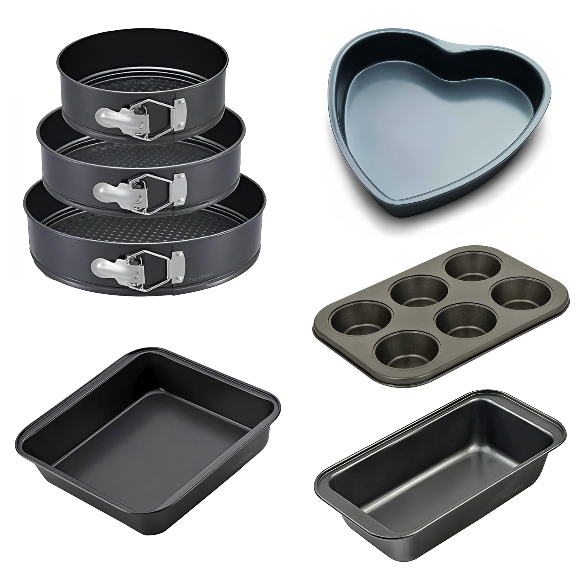 PureBake Premium SGS Certified 7 Pc Cake Baking Combo -Bread Loaf| Muffin Tray|Sqaure Cake Pan| 3 Pc Cake Moulds| Heart Cake Tin All in one Set Cake Baking Moulds Utensils, Cake Baking Combo