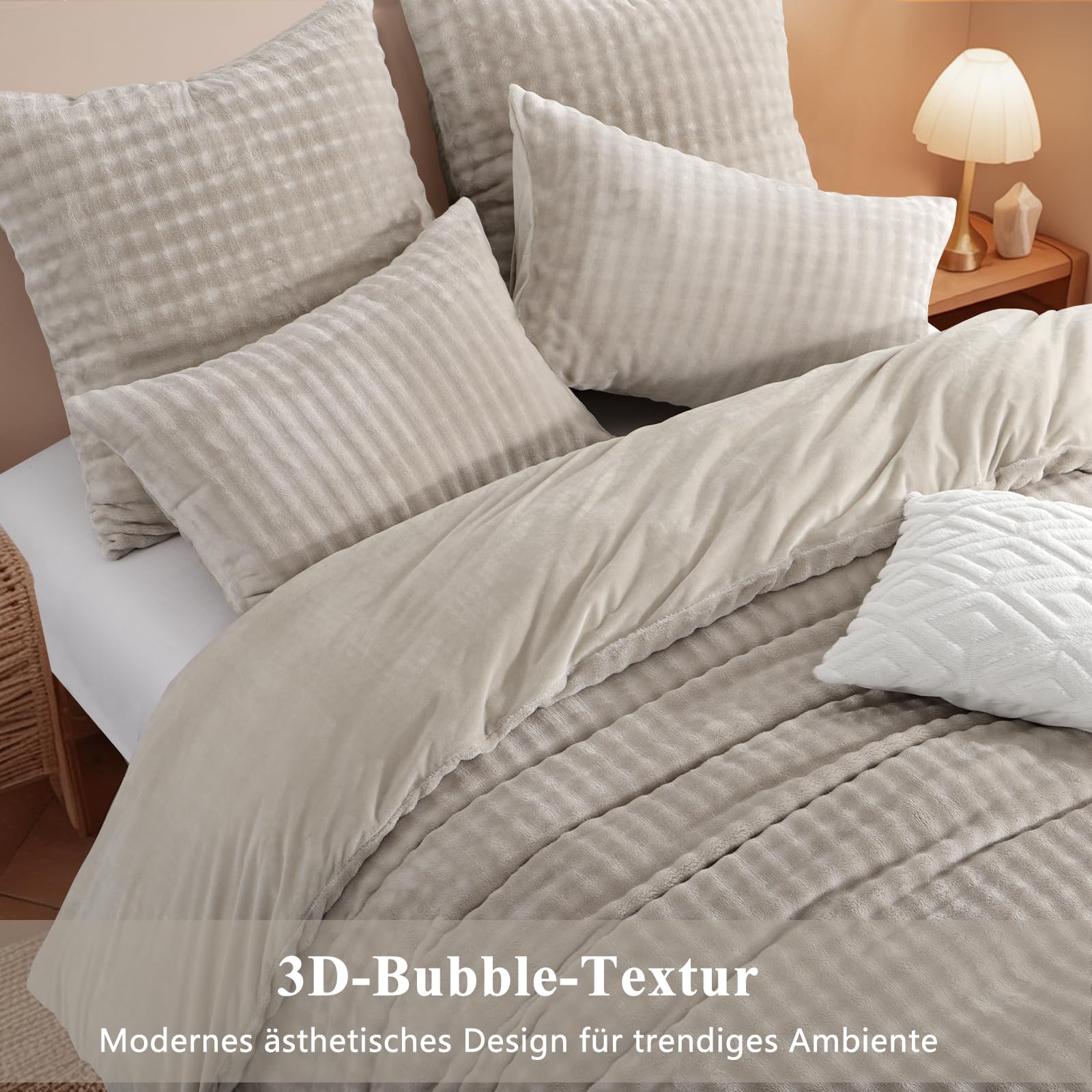 RUIKASI Winter Plüsch Bettwäsche 155x220 2teilig Beige - Warme Kuschelig Weich Flauschige Flanell Fleece Bettwäsche Luxus Wende Bettbezug mit Reißverschluss und 1 Kissenbezug 80x80cm