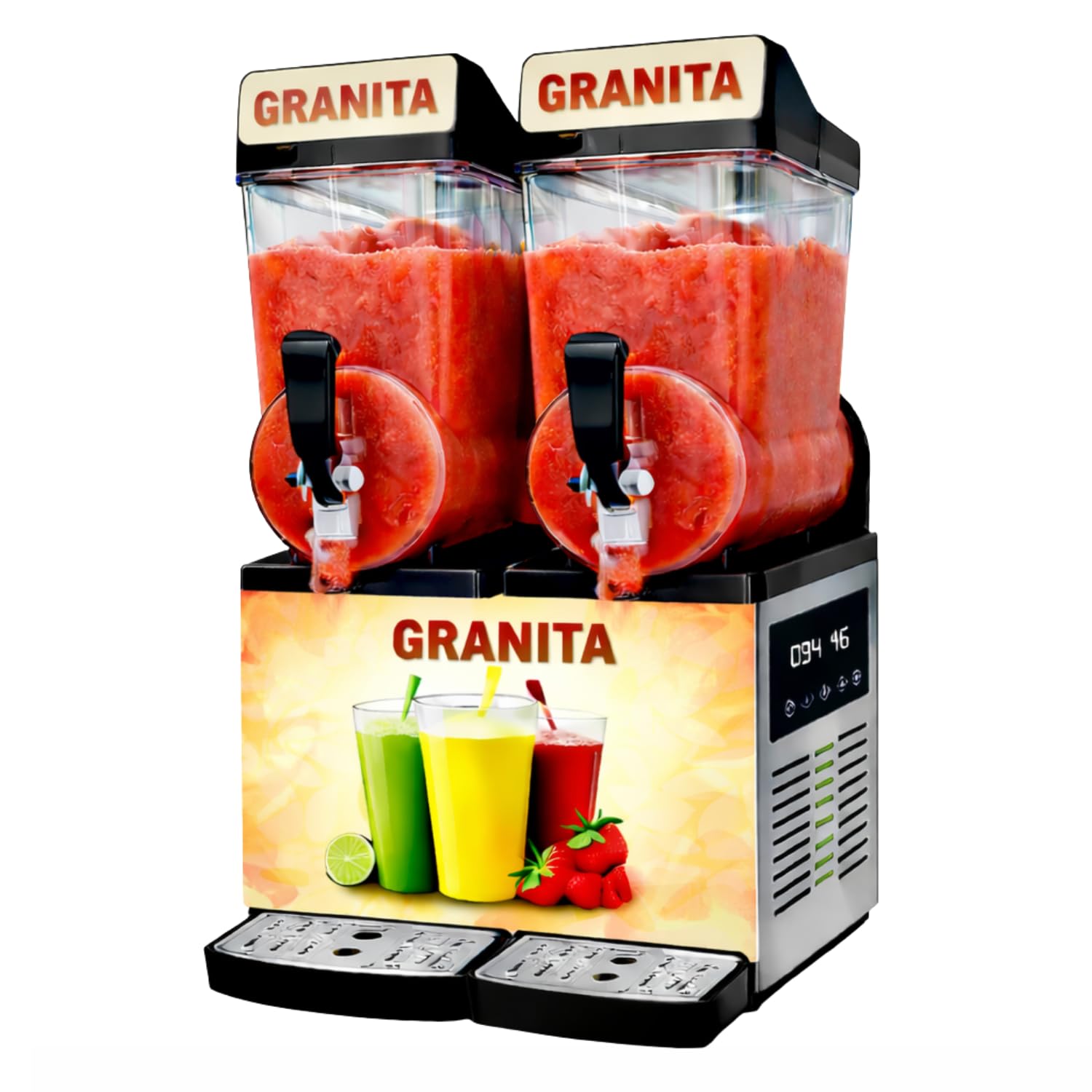 Générique Máquina de granizados profesional de 2 tazones, 12 L, 600 W, refrigeración de -2 °C a -3 °C, acero inoxidable, compacta y eficiente, ideal para bares, cafeterías, aperitivos y eventos.