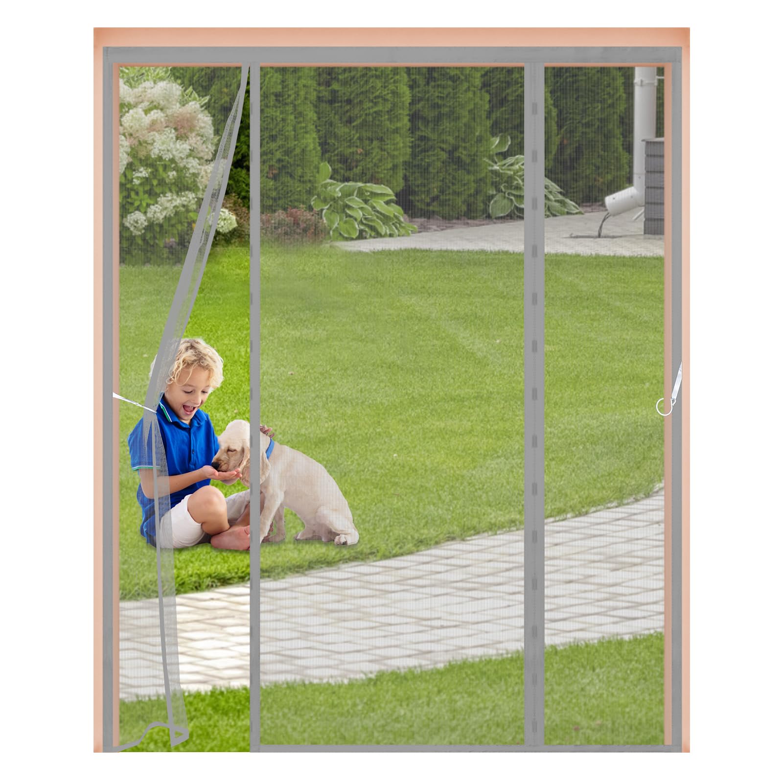 Magnetic Fly Screen for Double Doors 235x185cm,Heavy Duty Mesh Curtain with Side Hooks & 4cm Wide Top Magic Tape,Without Drilling,Fly Net for Patio & French Doors,Gray