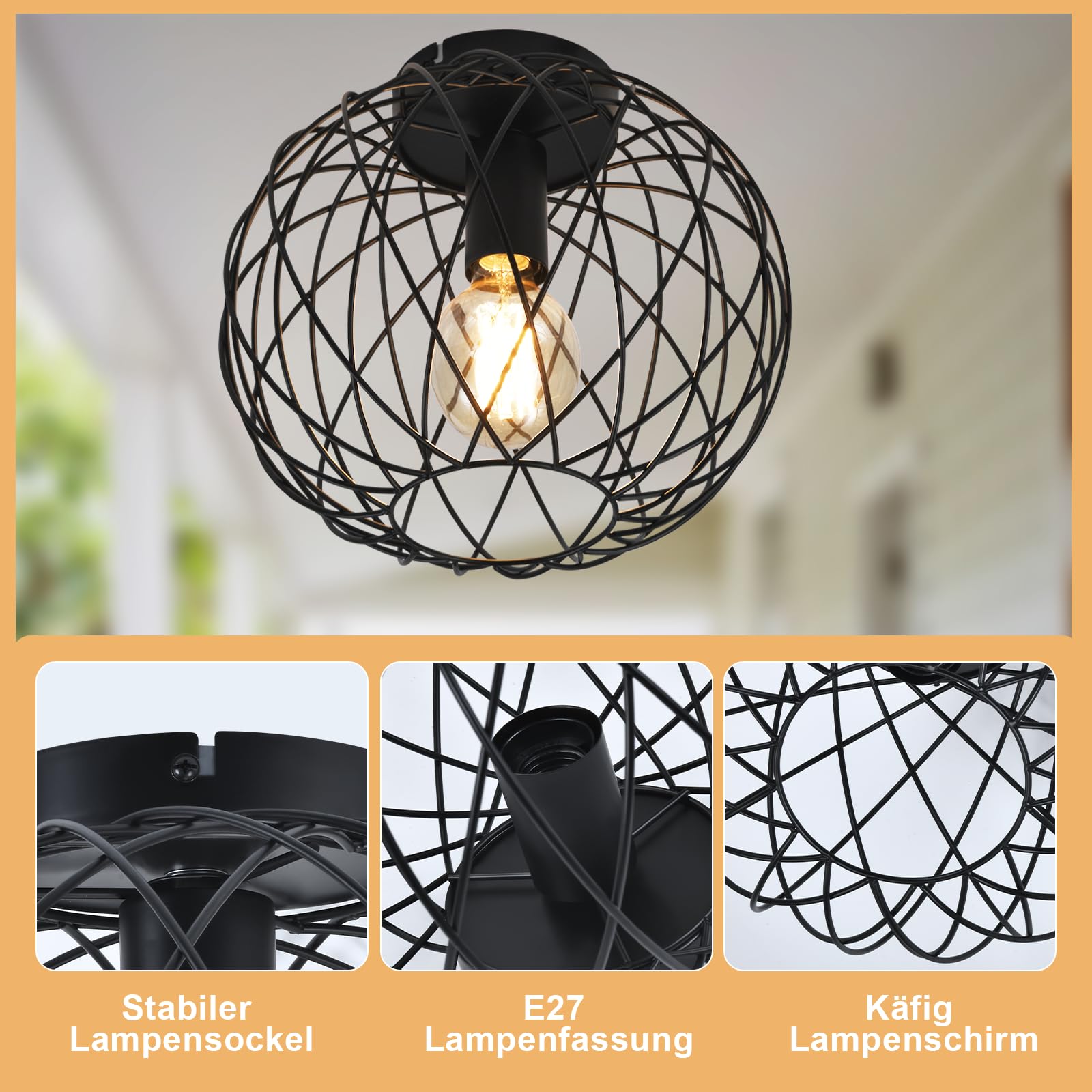 Glitzerlife Lampa sufitowa czarna lampa do korytarza industrialna 3ER | Lampa sufitowa E27 Vintage 1 płomień okrągły retro metalowy klosz lampa w kształcie klatki kratka jadalnia salon kuchnia