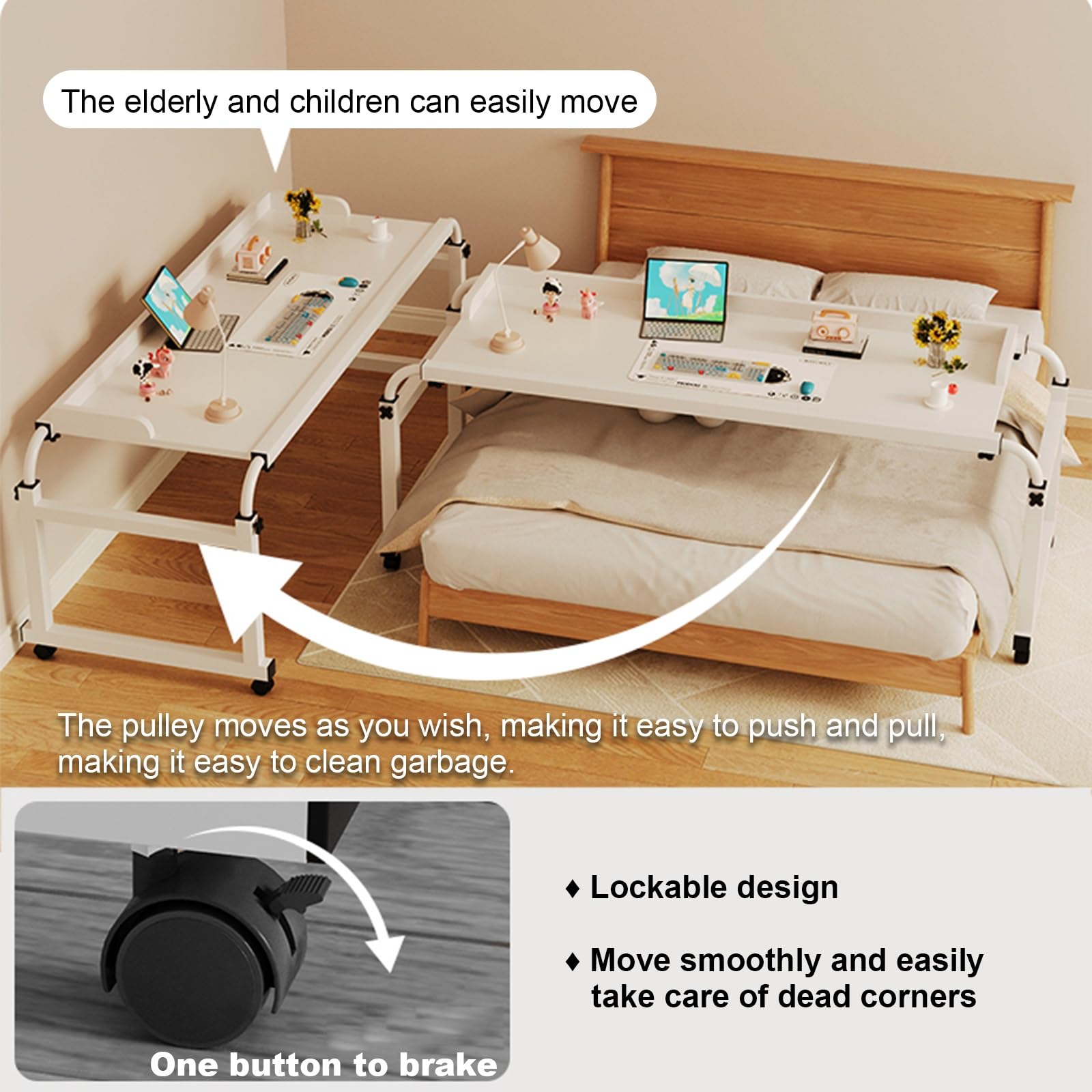 Table de lit réglable avec roues freinables - Bureau d'ordinateur portable polyvalent pour le travail paresseux au lit - Hauteur 65-95 cm - Idéal pour le salon, la chambre à coucher, le bureau