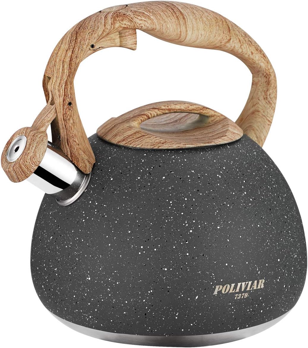 POLIVIAR Tea Kettle, 2.7 Quart Natural Stone Finish with Wood Pattern Handle Loud Whistle Food Grade Stainless Steel Teapot, Anti-Hot Handle and Anti-Rust, Suitable for All Heat Sources (JX2018-GR20) | Wood Pattern Handle, Loud Whistle, Food Grade Stainless Steel, Anti-Hot Handle, Anti-Rust, for All Heat Sources, JX2018-GR20