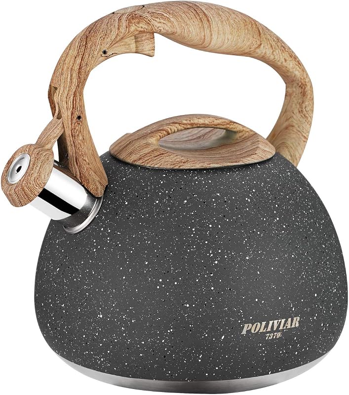 POLIVIAR Tea Kettle, 2.7 Quart Natural Stone Finish with Wood Pattern Handle Loud Whistle Food Grade Stainless Steel Teapot, Anti-Hot Handle and Anti-Rust, Suitable for All Heat Sources (JX2018-GR20) | Wood Pattern Handle, Loud Whistle, Food Grade Stainless Steel, Anti-Hot Handle, Anti-Rust, for All Heat Sources, JX2018-GR20