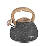 POLIVIAR Tea Kettle, 2.7 Quart Natural Stone Finish with Wood Pattern Handle Loud Whistle Food Grade Stainless Steel Teapot, Anti-Hot Handle and Anti-Rust, Suitable for All Heat Sources (JX2018-GR20)