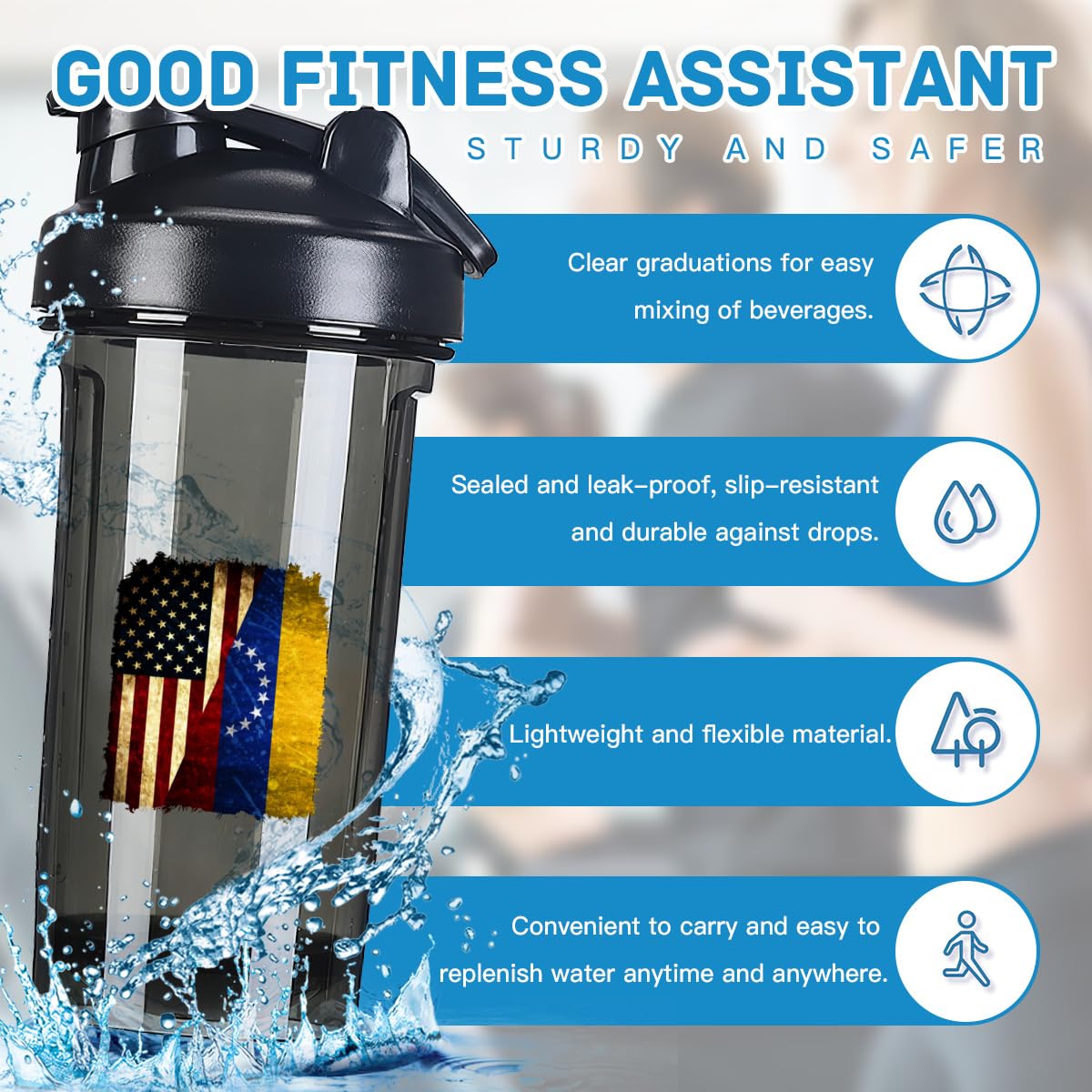 Half America Half Venezuelans Flag 18 Ounce Shaker Bottle Drink Mixer Leak-proof Pre Workout Protein Shakes Meal Replacement Shakes Bottles 500ML/18 Oz Black