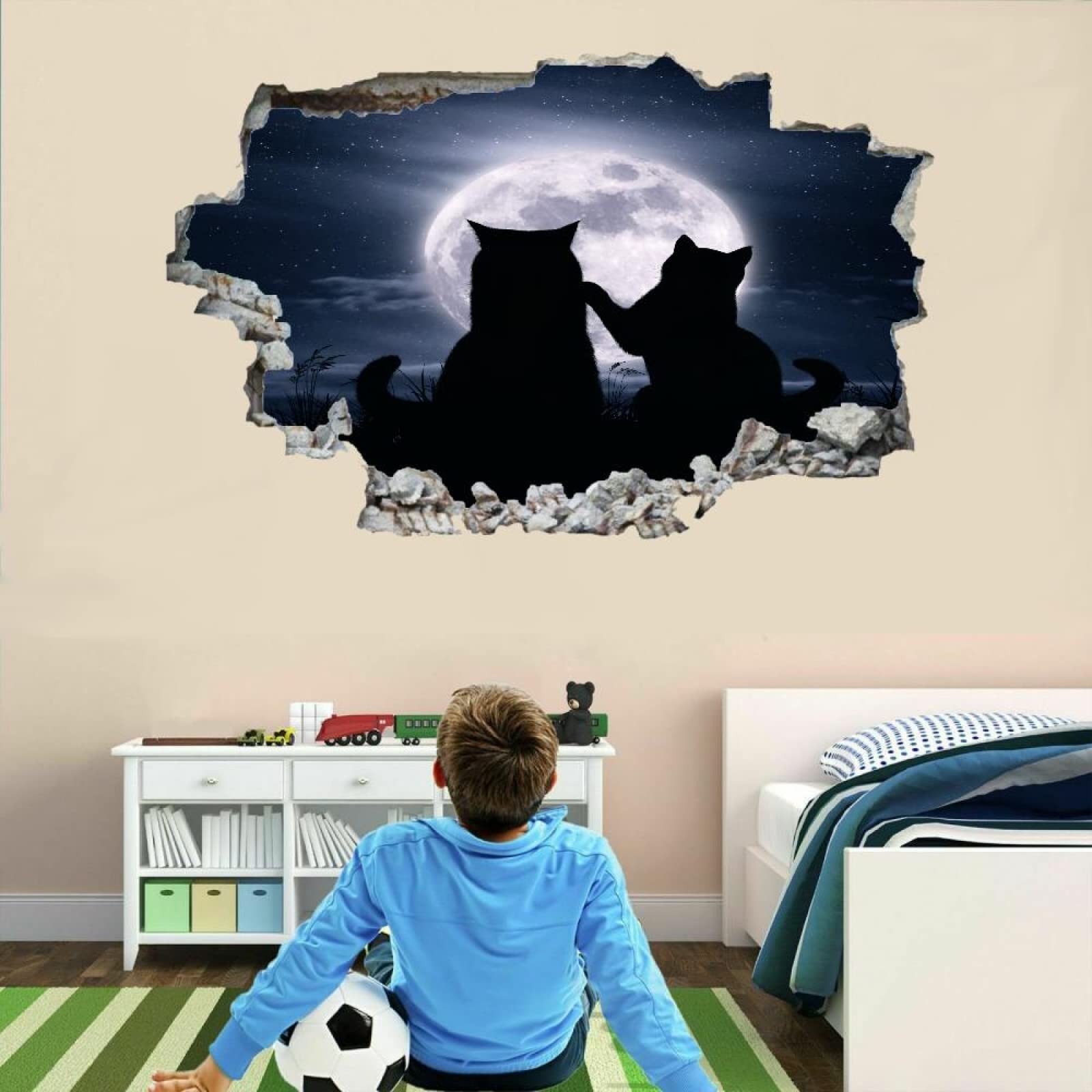 Gatto Adesivo Da Parete 3D Rimovibile Luna Decorazione Da Parete, Pavimento, Soffitto, Decalcomania Fracassata, Decorazione Artistica Sagoma Per Soggiorno, Murale 75x113cm