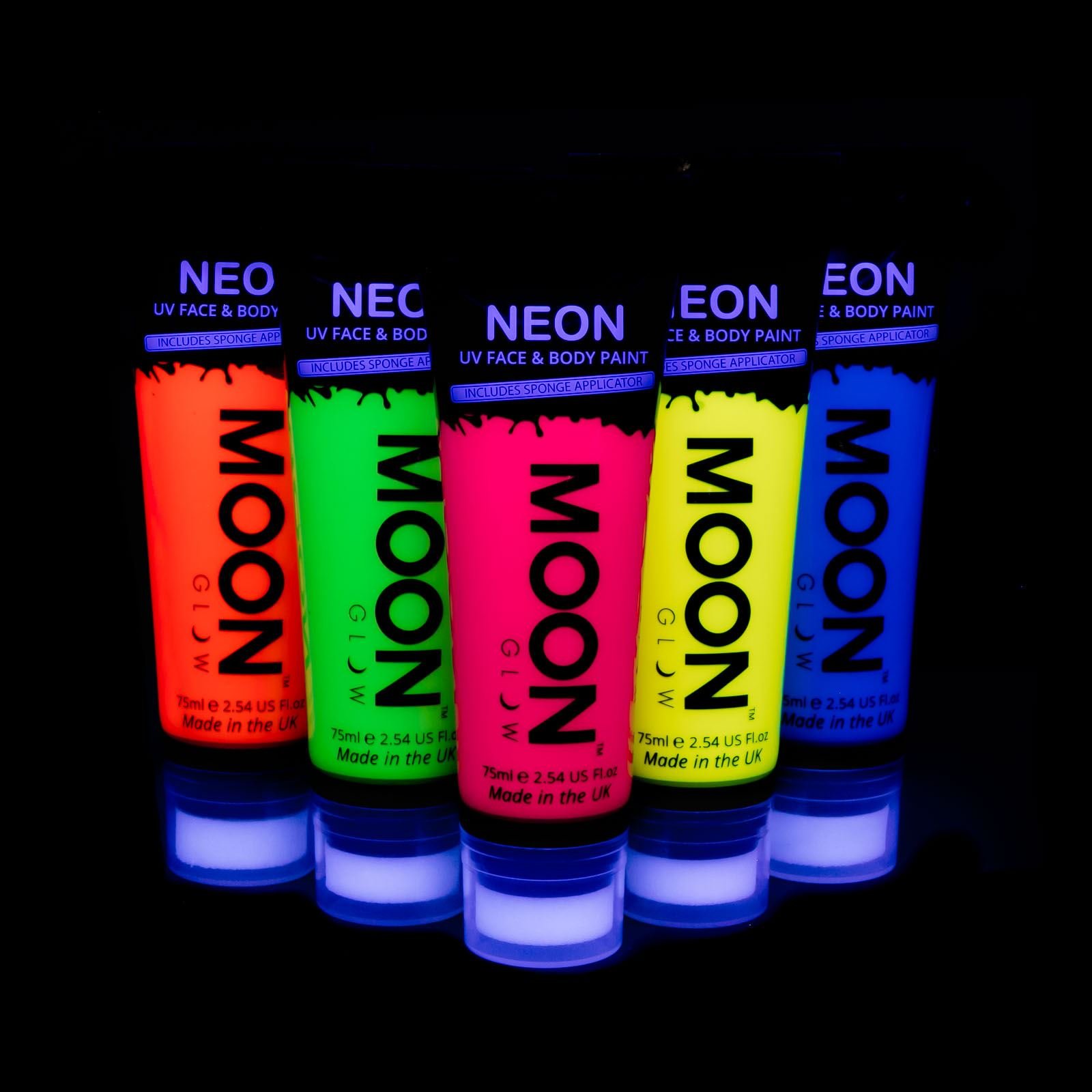 Moon Glow Supersize 2.54oz Blacklight Neon UV Face & Body Paint - Set of 5 tubes - with sponge applicator