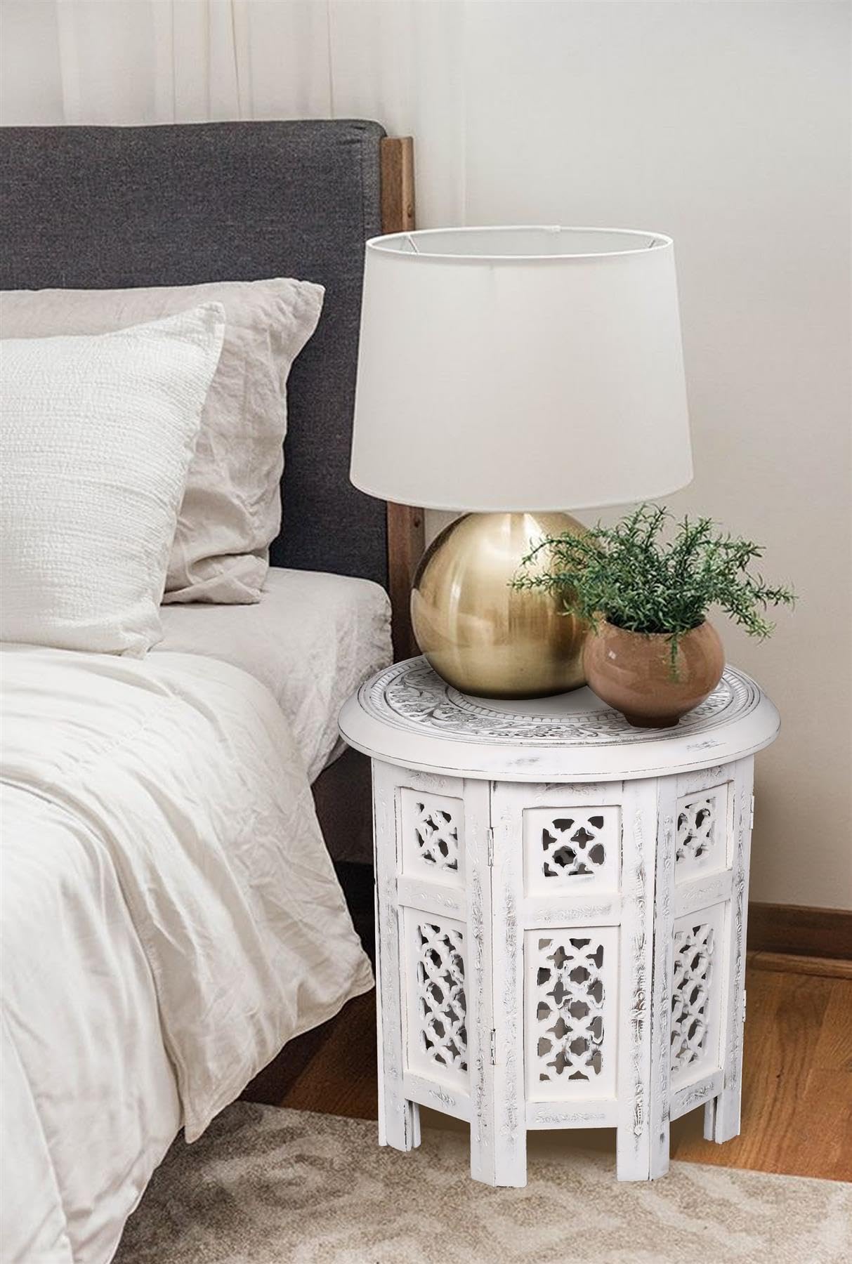 topfurnishing Beautiful Round Hand Carved Indian Shesham Wooden Coffee Table Side [White,Medium 15"x15"x15" 38cm]