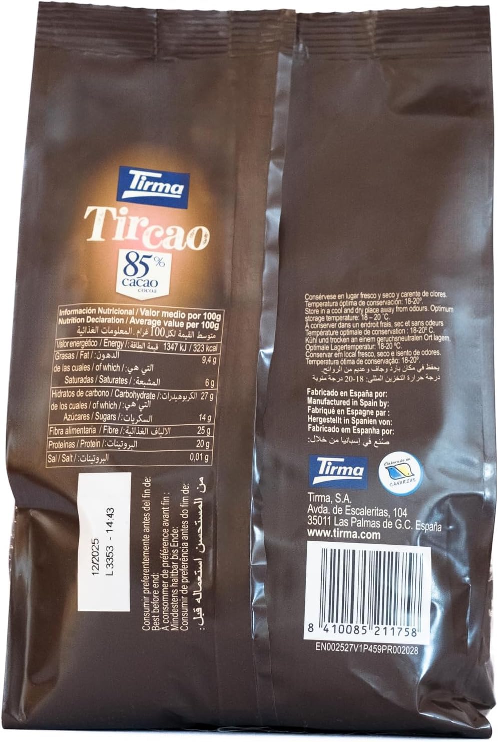 Tirma TirCao 85% Cacao Soluble 350 g Cacao en Polvo Intenso Sin Gluten Apto para Veganos