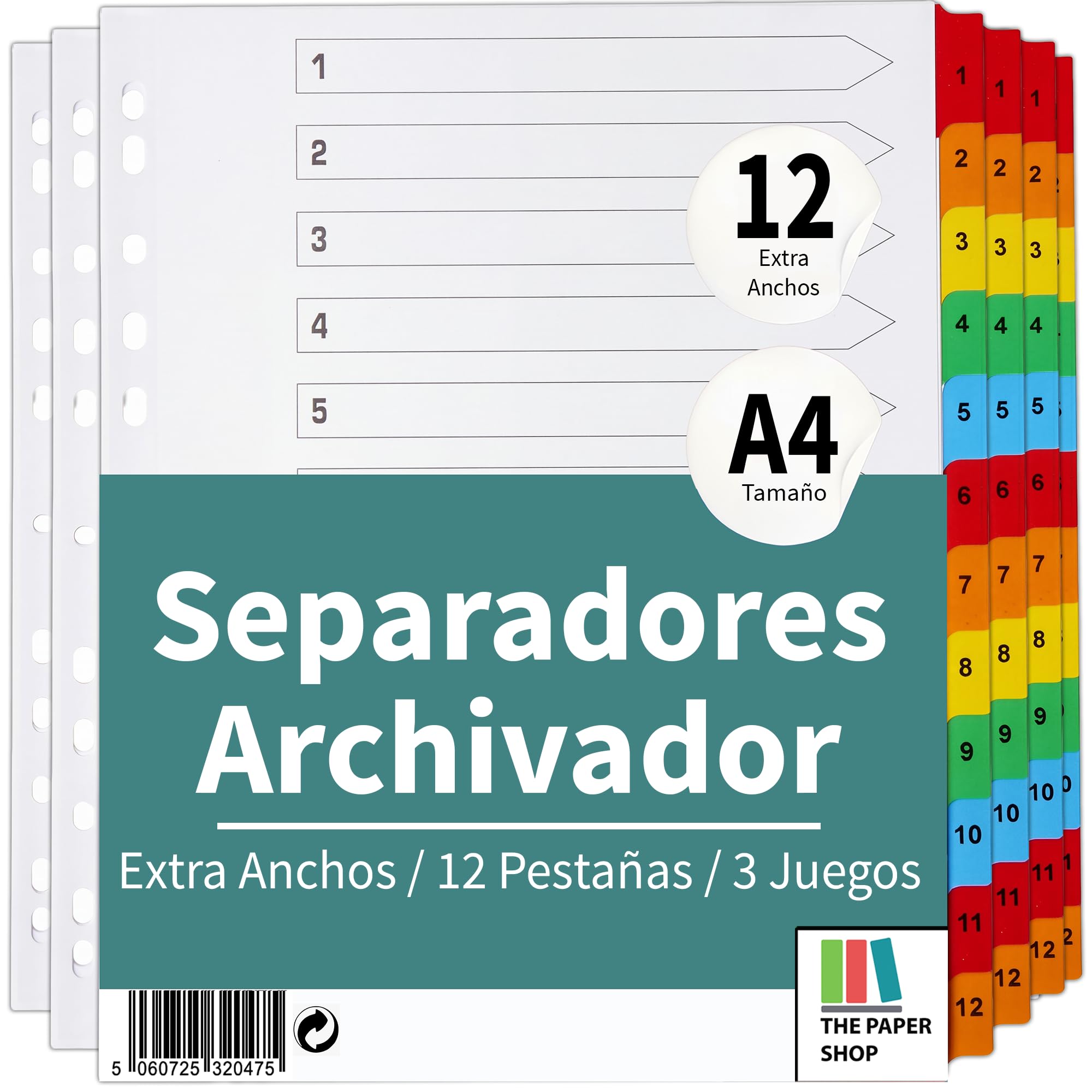 Separadores Archivador A4+ extra anchos de 12 Posiciones, A4+ extra anchos de 12 Posiciones numerados, separadores por temas, pestañas de color reforzadas multiperforadas