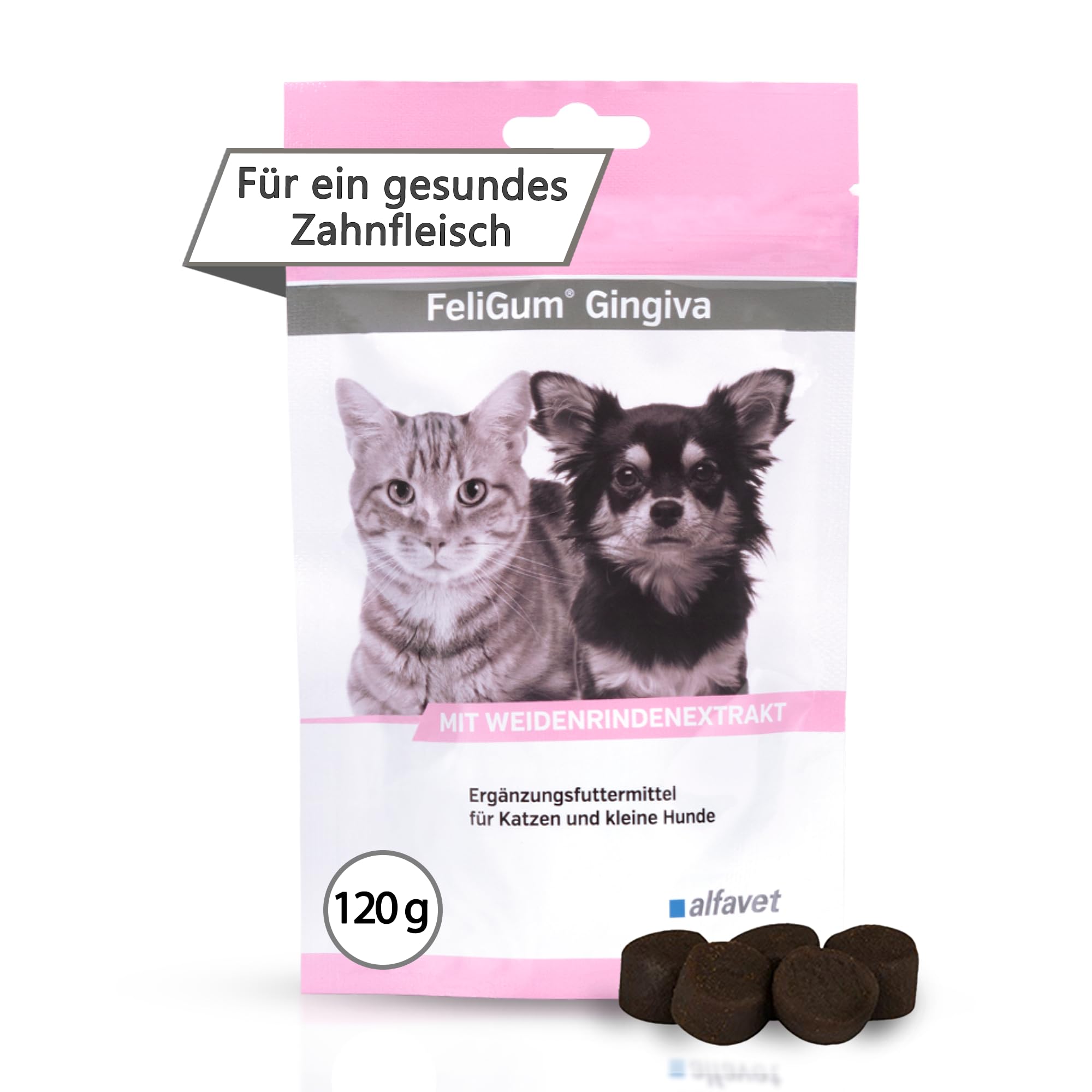 alfavet FeliGum Gingiva, unterstützt bei Zahnfleisch und Maulhöhlen Entzündung von Katze und Hund, Kaudrops, Ergänzungsfuttermittel, 120g