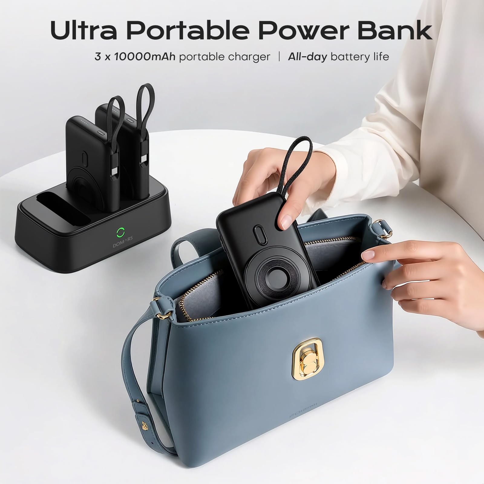 Power Bank Stacja ładująca 10000mAh, 3 porty, 22.5W PD QC Fast Charge, Powerbank z wbudowanymi kablami USB-C/Lightning/Micro, 15W Wireless, do iPhone Samsung Android, podróżny zestaw ładowania