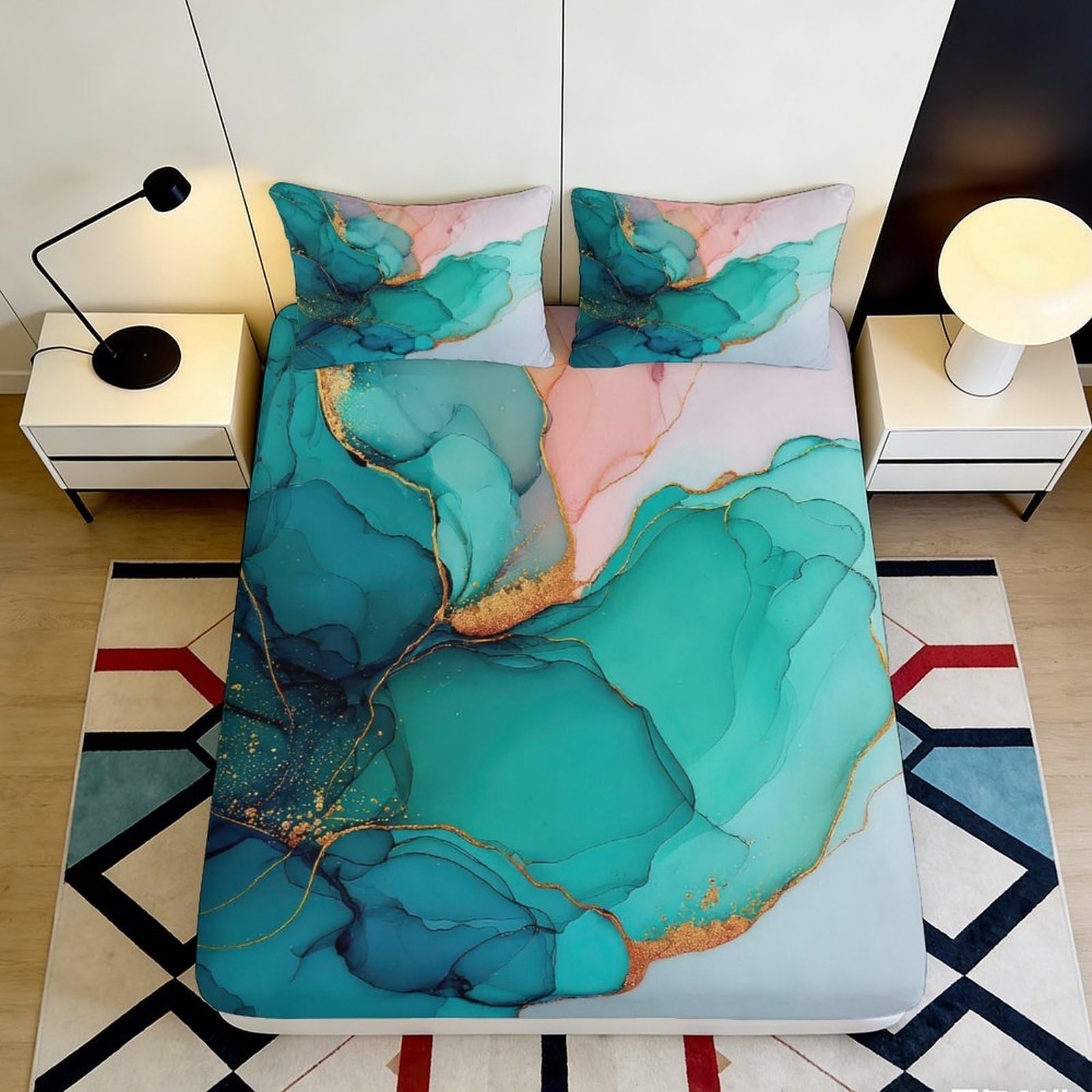 3D Printed Watercolor Abstract Fitted Sheet Microfiber Deep Pocket Non-Slip Bedroom Bedding Watercolor Abstract Mattress Fitted Cover Washable for Adults 90x200x25cm