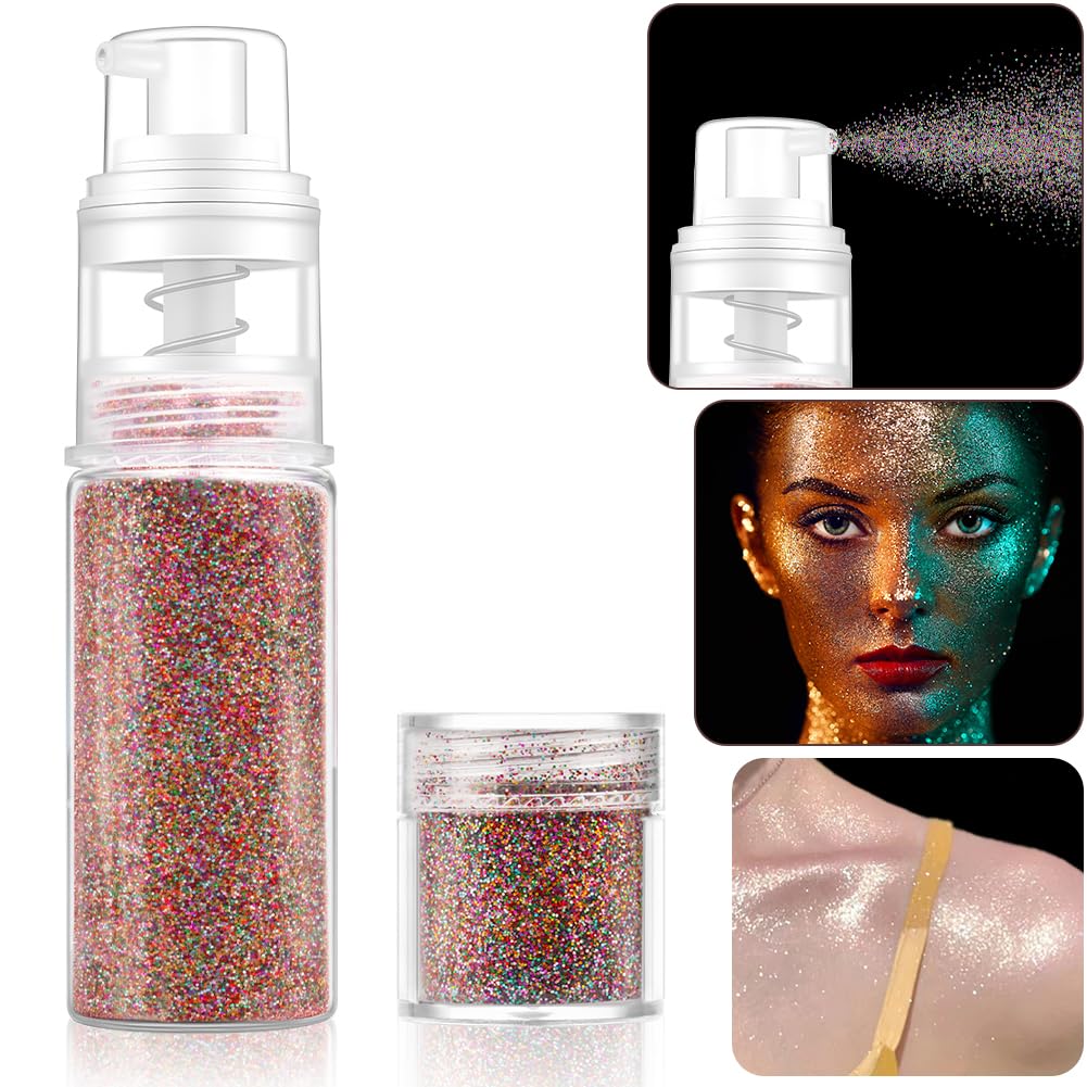 AOOWU Brokat w sprayu, brokat do ciała i włosów z 1 wkładem, brokatowy spray do makijażu w proszku, ultracienki brokat w proszku na Halloween, klub, imprezy, 17 g (kolorowy laser)