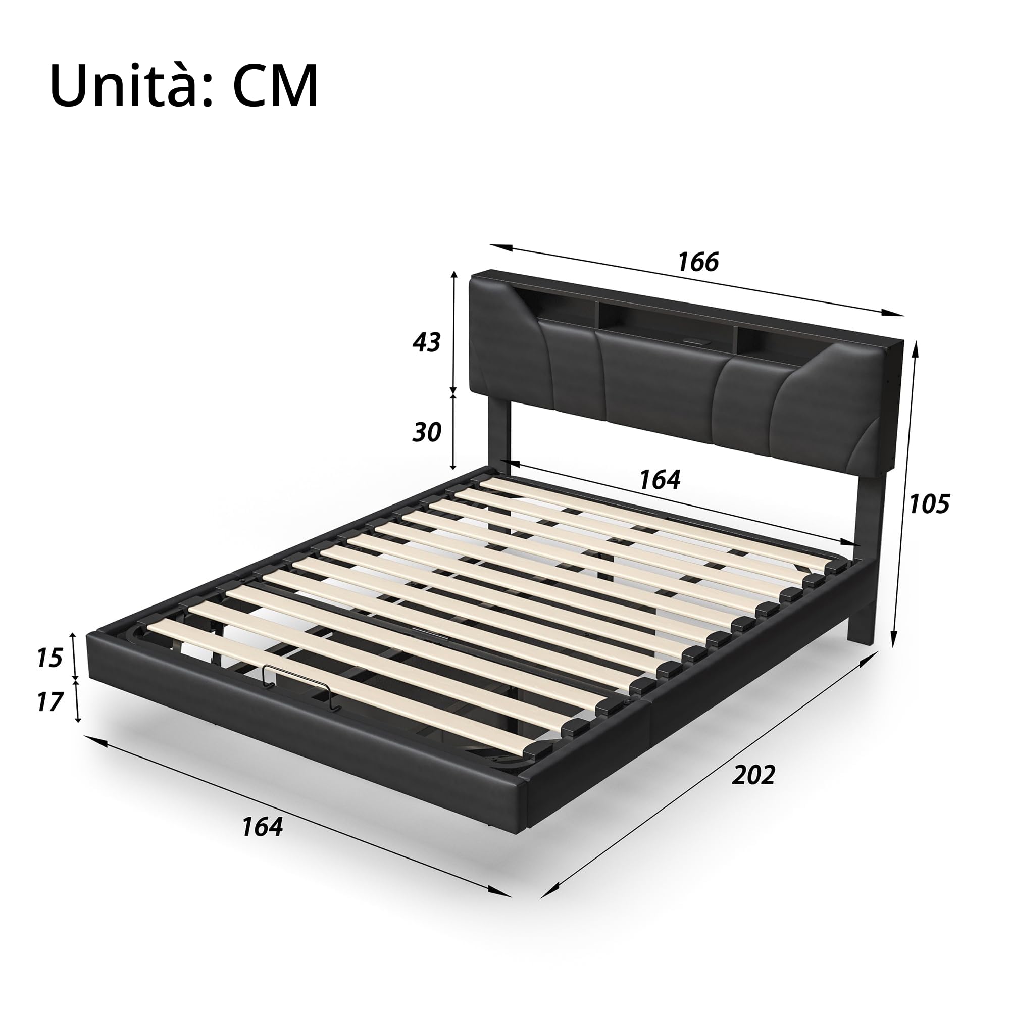 KeepGoon Letto imbottito 160 x 200 cm, comodino con illuminazione a LED, presa USB, barra di pressione dell'aria, letto matrimoniale con cassetta, letto sospeso, materiale PU, testiera con vano