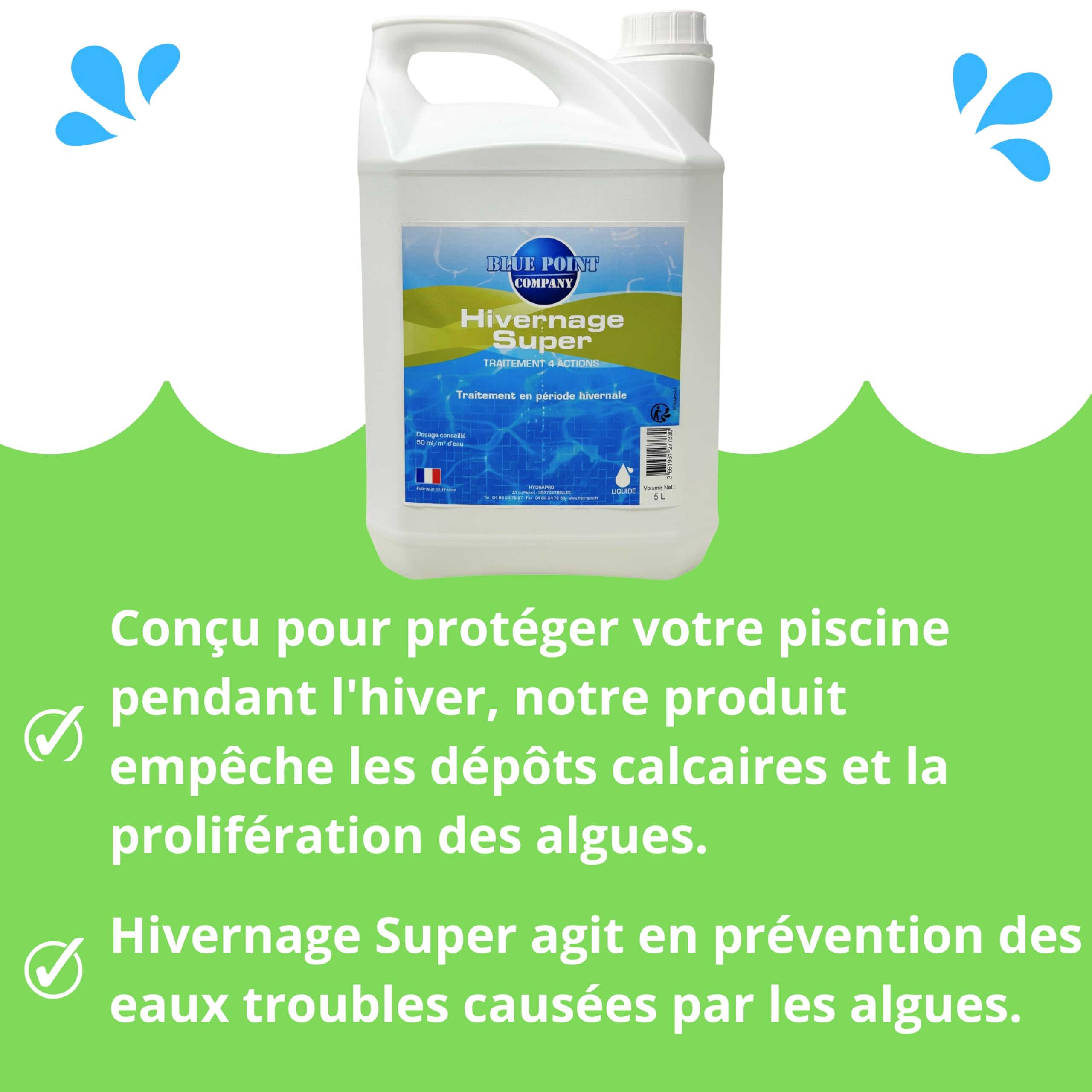Hivernage Super Piscine, Traitement Anti Algues Vertes │Produit d’Hivernage Non Moussant pour Piscines, Efficace contre Dépôts Calcaires 5L│Empêche le Développement des Algues et les Taches de Rouille