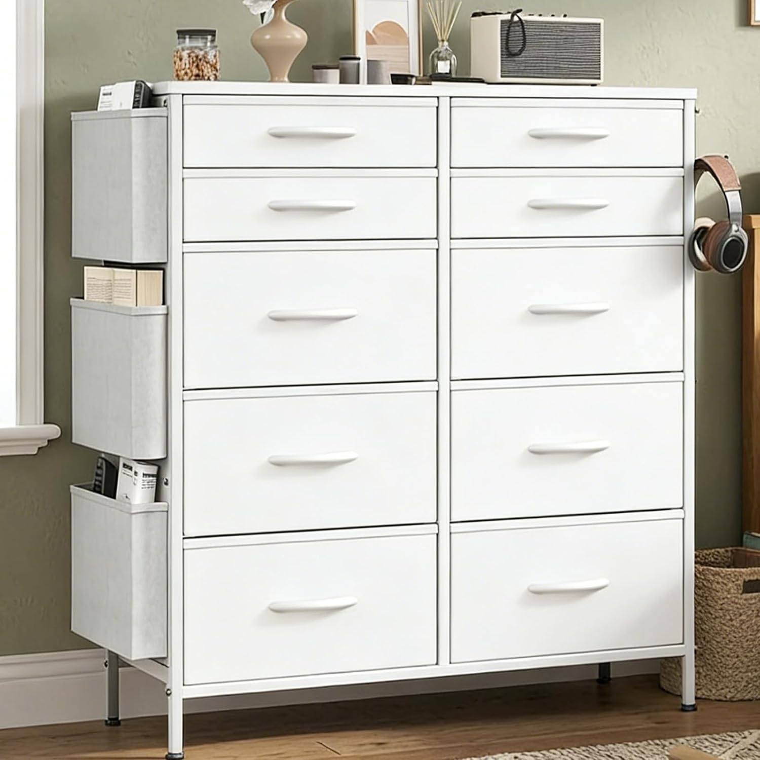 Feonase Chest of Drawers Bedroom, Tall Fabric Dresser with 10 Drawers, 3 Side Pockets & 2 Hooks, Metal Frame, Wood Top, Storage Organizer for Bedroom, Living Room, Hallway, Closet White