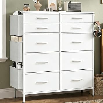 Feonase Chest of Drawers Bedroom, Tall Fabric Dresser with 10 Drawers, 3 Side Pockets & 2 Hooks, Metal Frame, Wood Top, Storage Organizer for Bedroom, Living Room, Hallway, Closet White