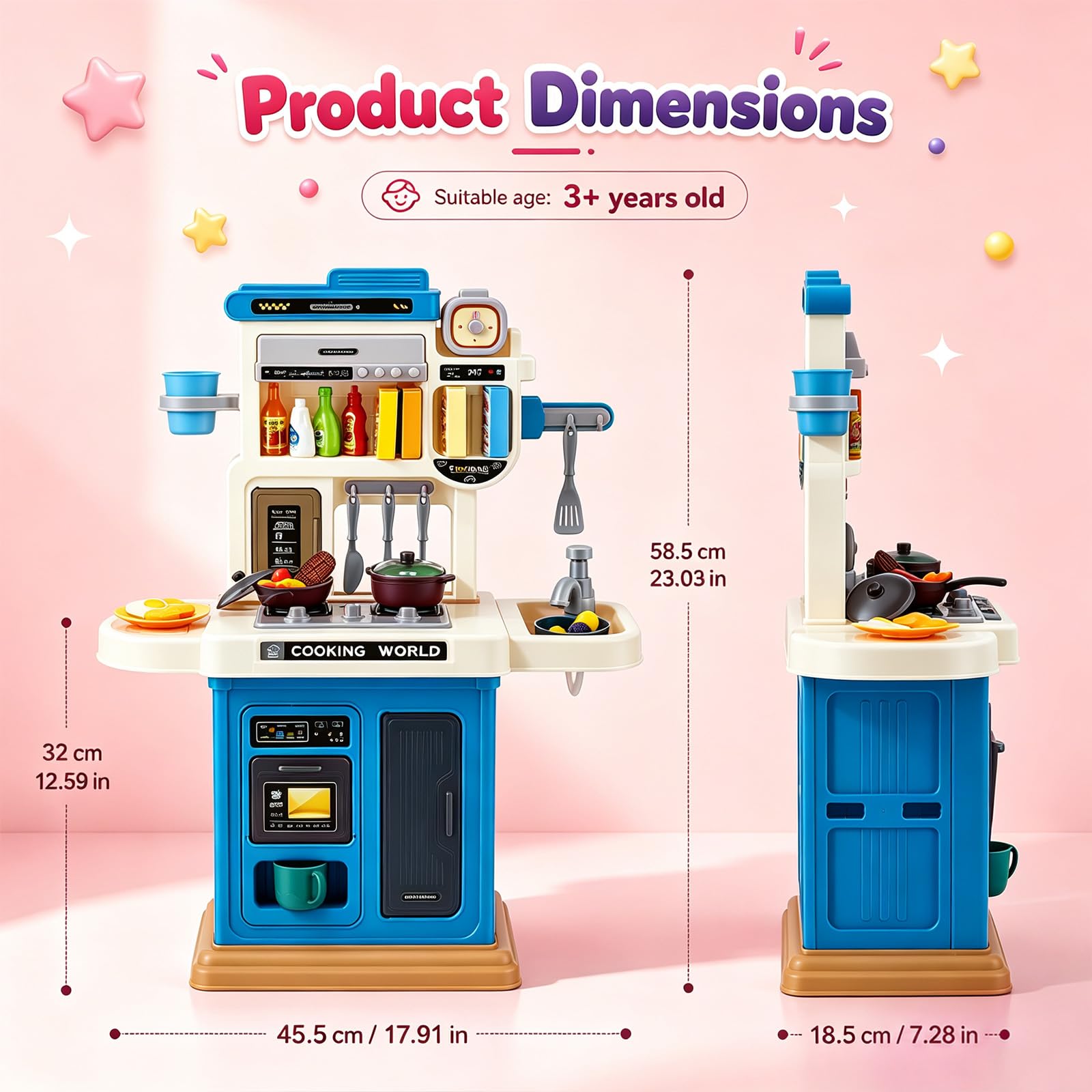 Cuisine Enfant avec 50 Accessoires, Cuisine Jouet avec Lumière, Son & Vapeur, Cuisine Enfant avec Plaque de Cuisson, Évier & Fonction Eau, Cuisine Poupée, Cuisine Jouet pour Enfants dès 3 Ans, Bleu