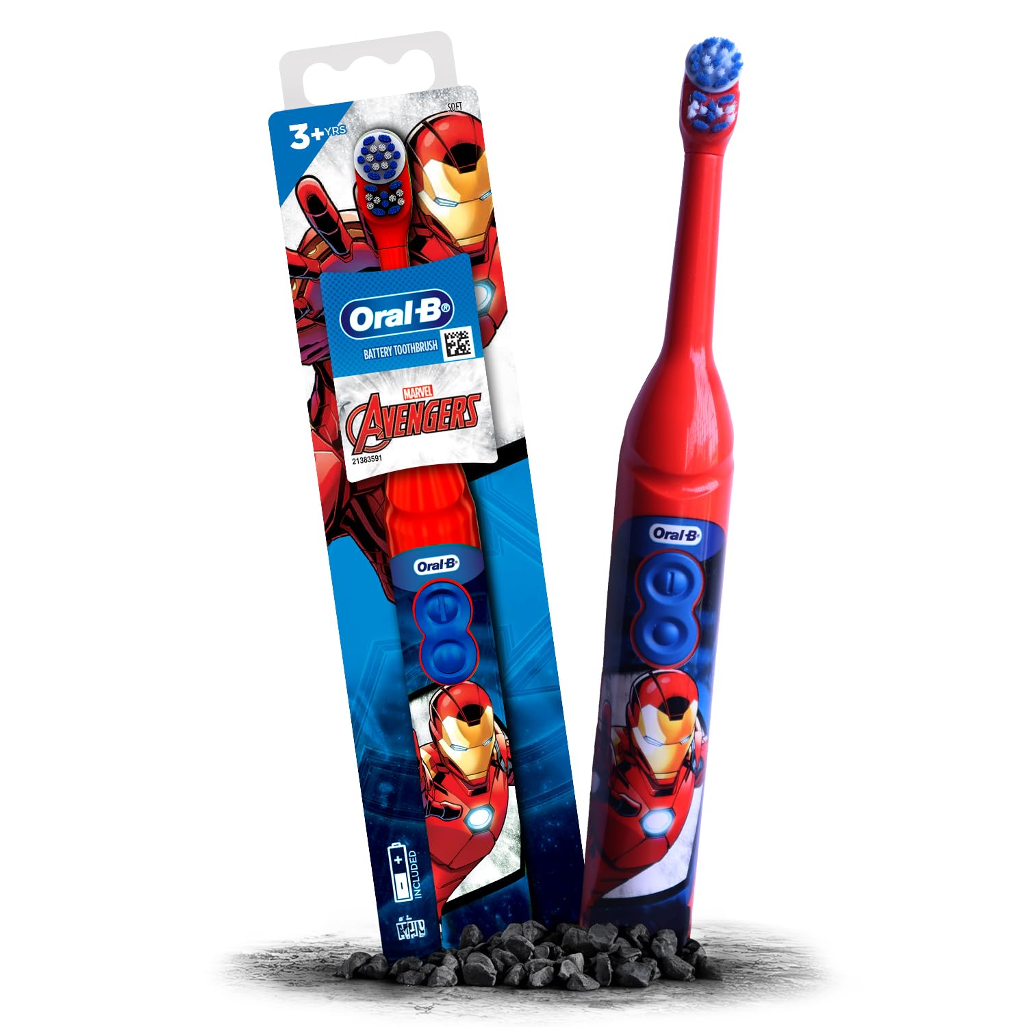 Oral-B Kids Iron Man Battery Electric Toothbrush, 90 Day Battery, 2 Year Warranty by Oral-B, IPX7 Water Resistant, Soft Bristles, Removes 100% More Plaque, 3+ Years